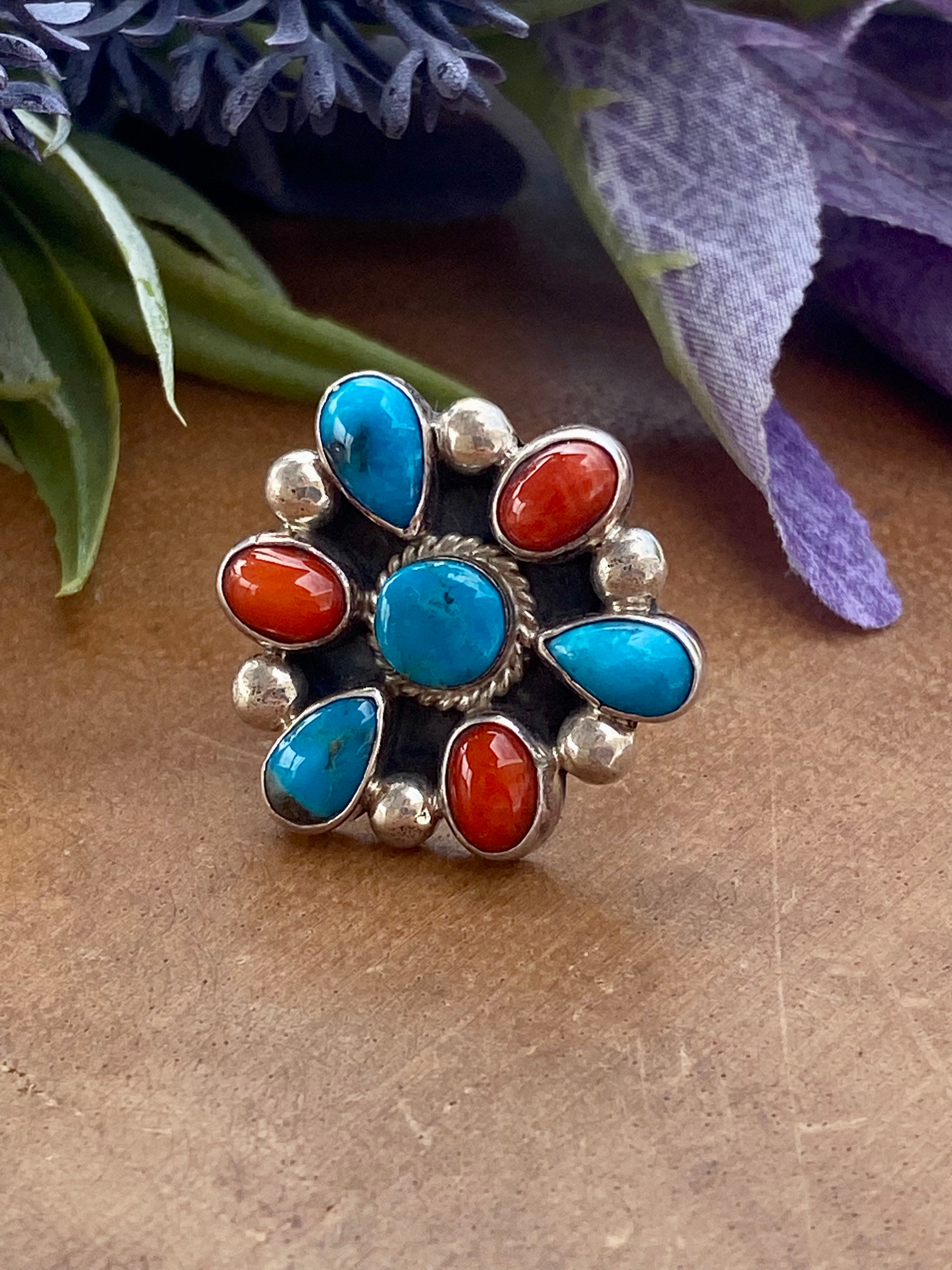 Navajo Made Multi Stone & Sterling Silver Ring Size 5.75