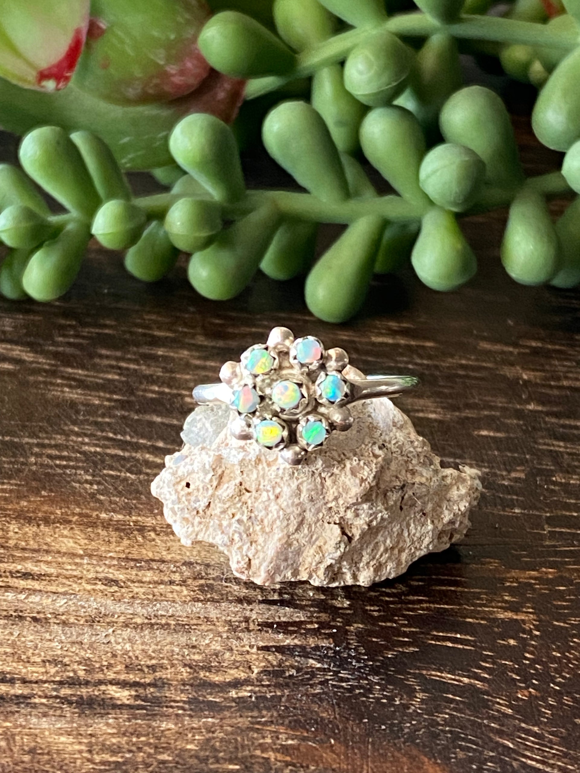 Zuni Made White Opal & Sterling Silver Cluster Ring Size 7.75