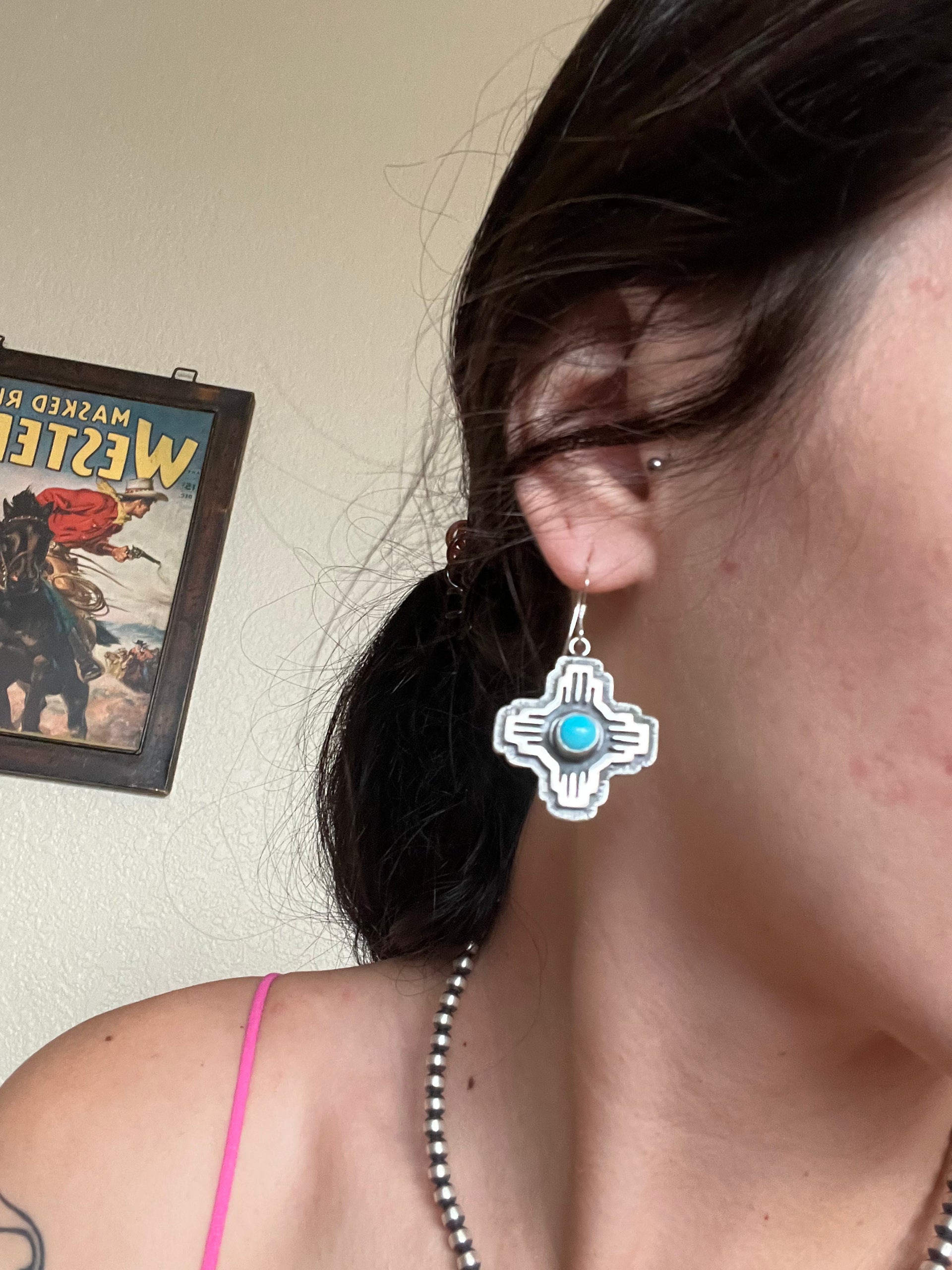Navajo Made Kingman Turquoise & Sterling Silver Zia Dangle Earrings