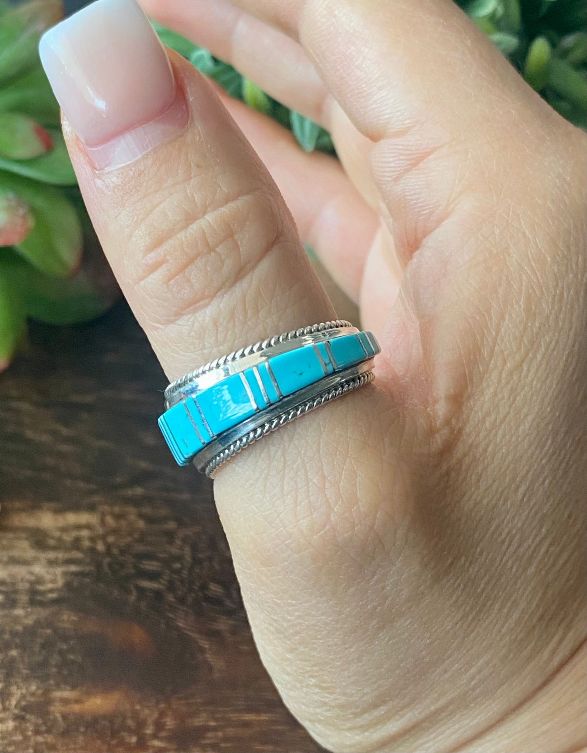 Navajo Made Kingman Turquoise & Sterling Silver Inlay Ring Size 11