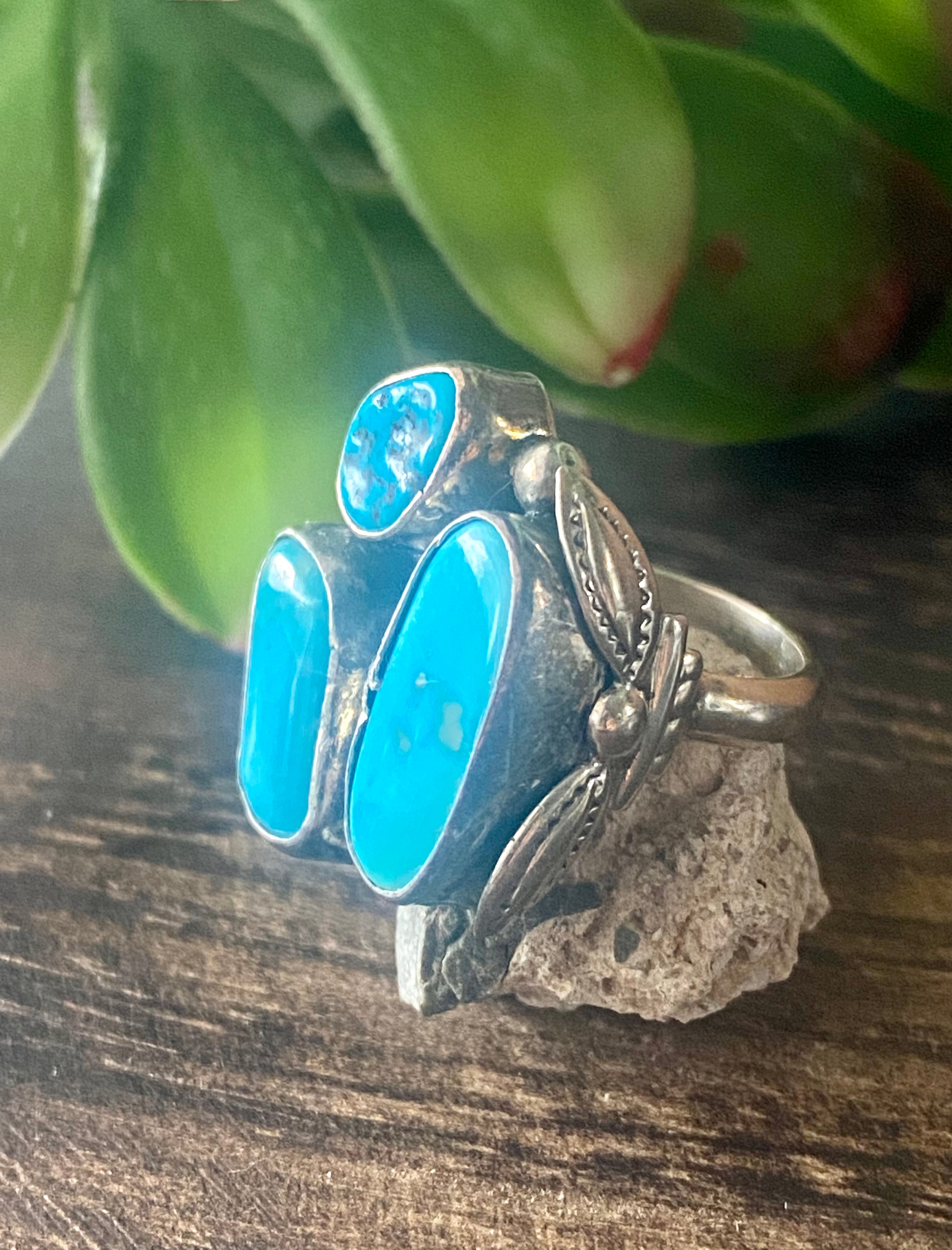 Navajo Made Kingman Turquoise & Sterling Silver Ring Size 6.5