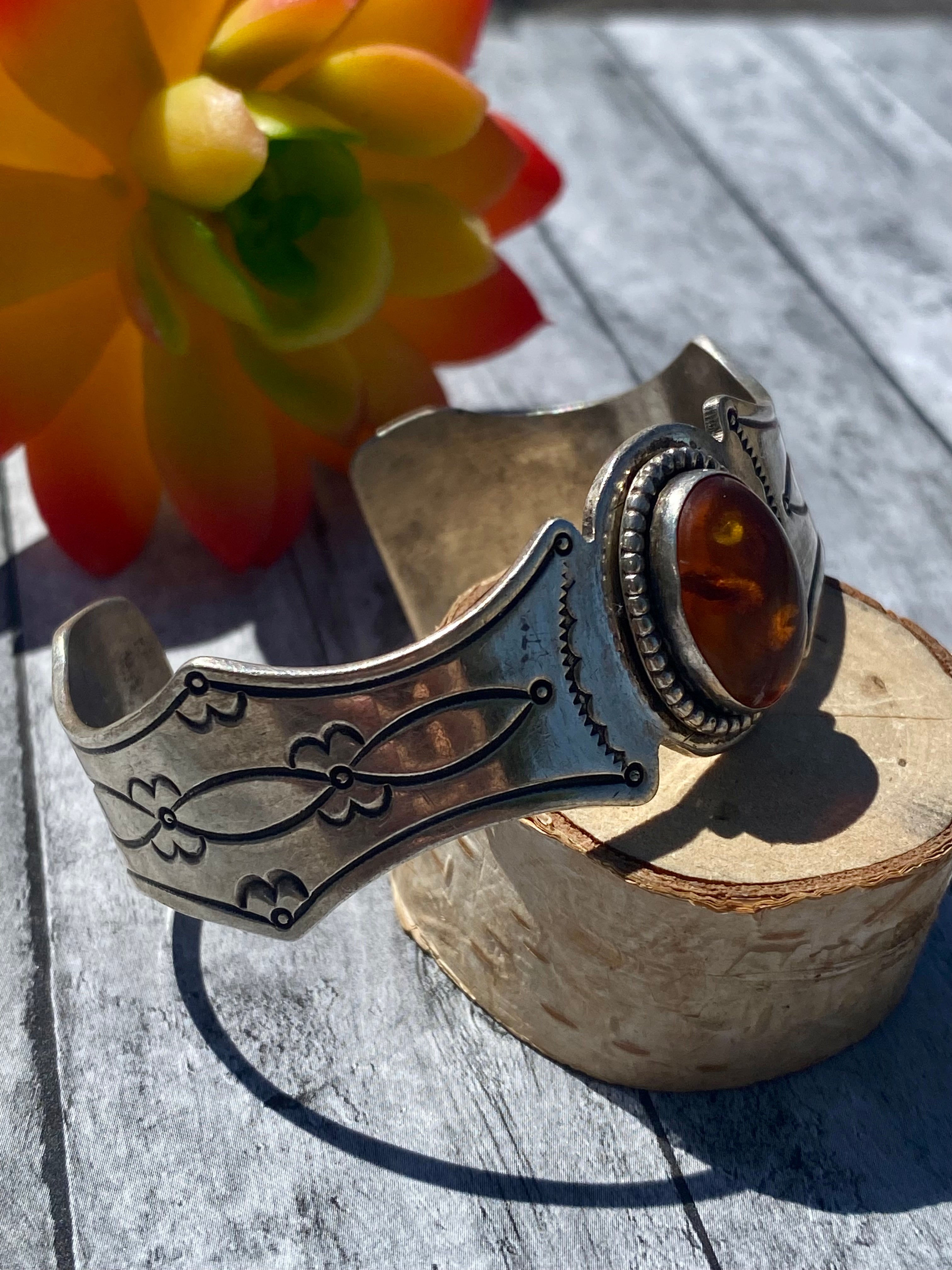Pawn Navajo Made Amber & Sterling Silver Cuff Bracelet