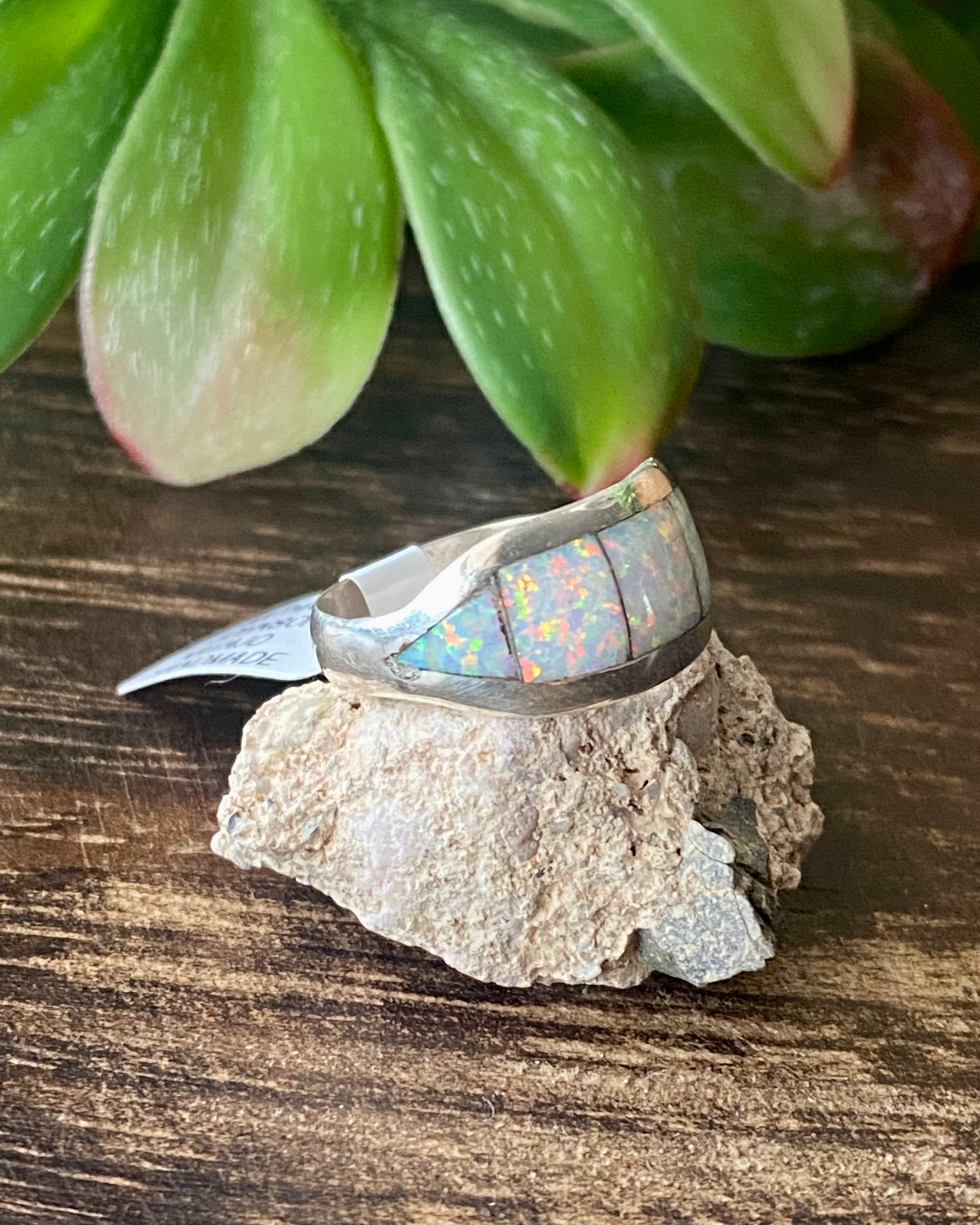 Nathaniel Johnson White Opal & Sterling Silver Inlay Ring Size 6.75