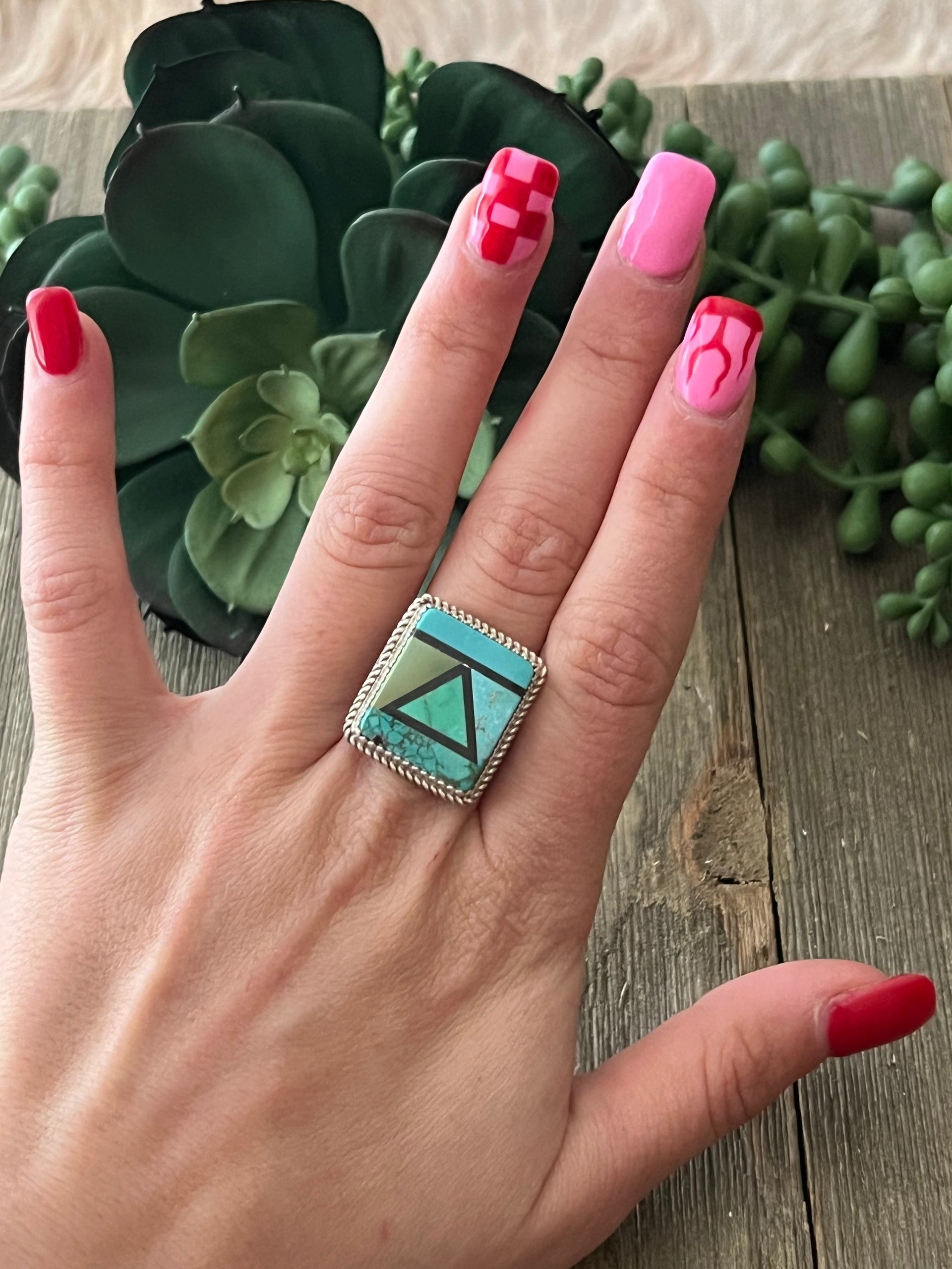 Reda Galvan Carico Lake Turquoise & Sterling Silver Inlay Ring Size 6.75