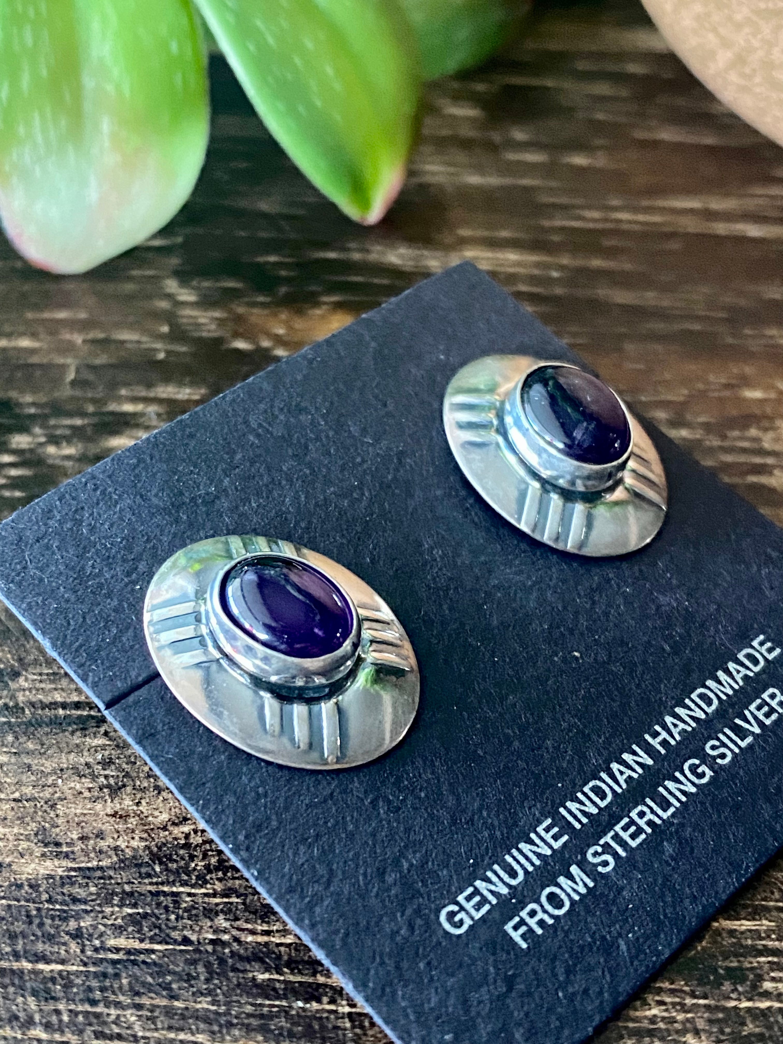 Navajo Made Amethyst & Sterling Silver Post Earrings