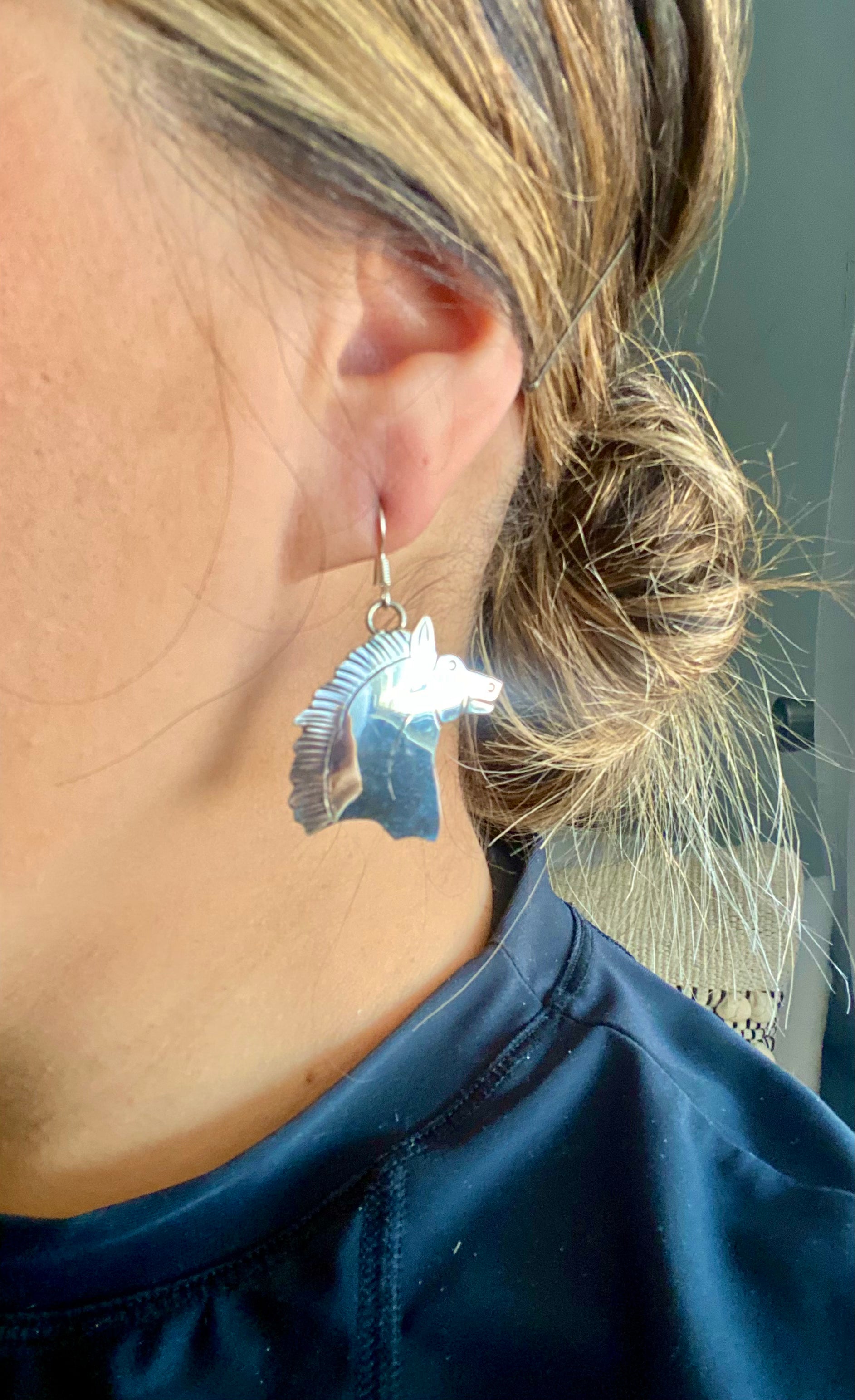 Navajo Made Sterling Silver Horse Dangle Earrings