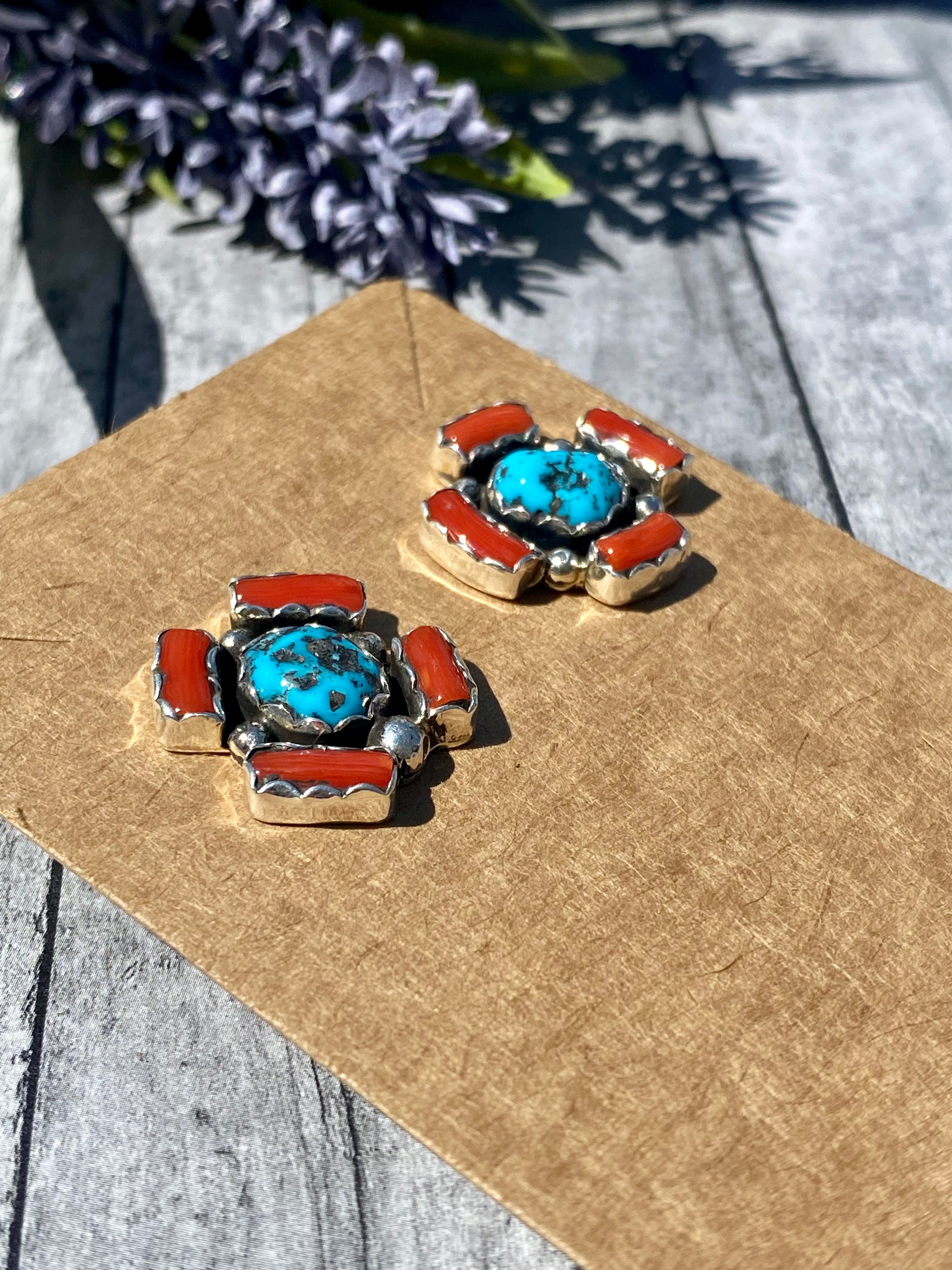 Navajo Made Kingman Turquoise & Coral Sterling Silver Post Earrings