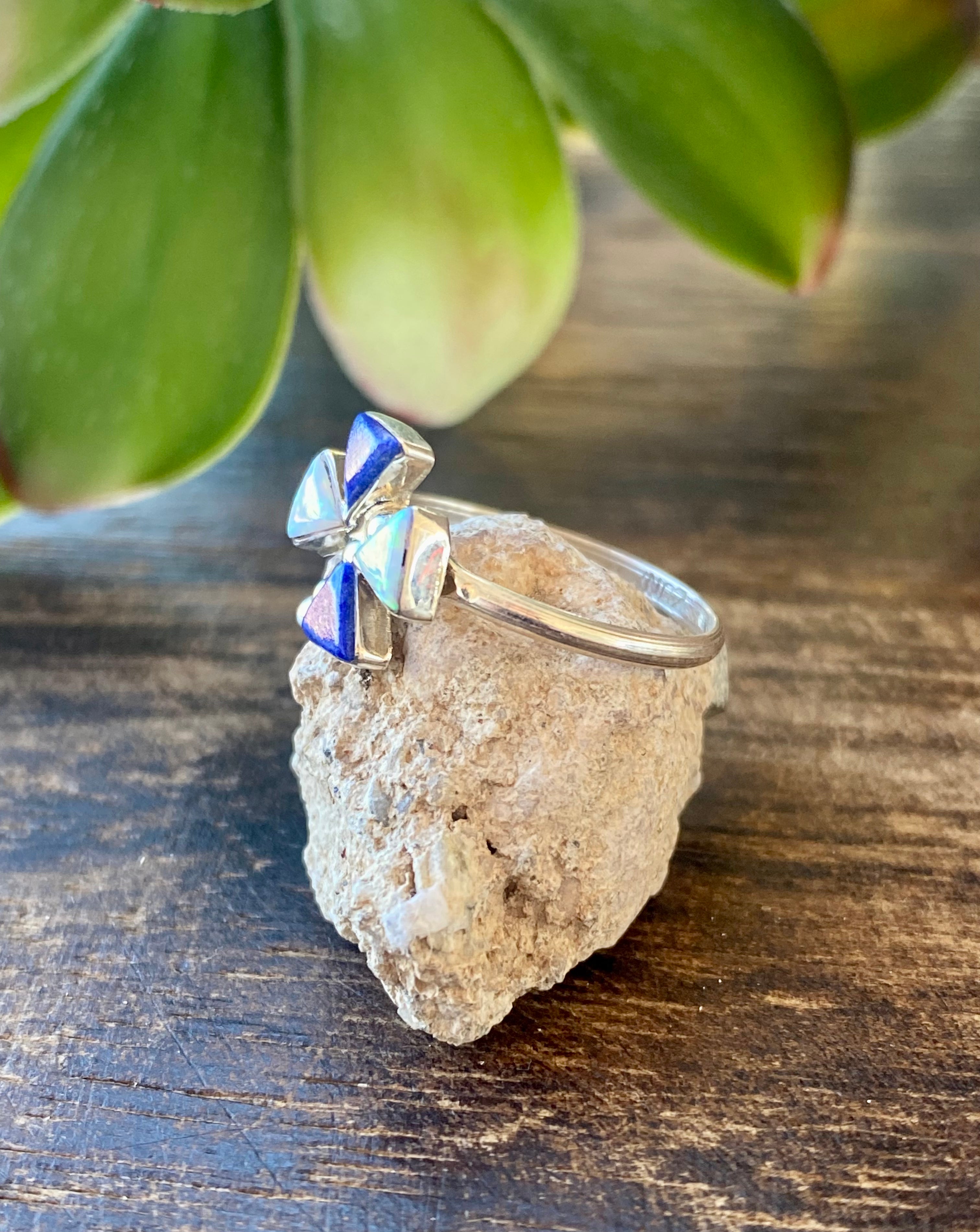 Zuni Made Lapis & White Opal Sterling Silver Dragonfly Ring Size 6