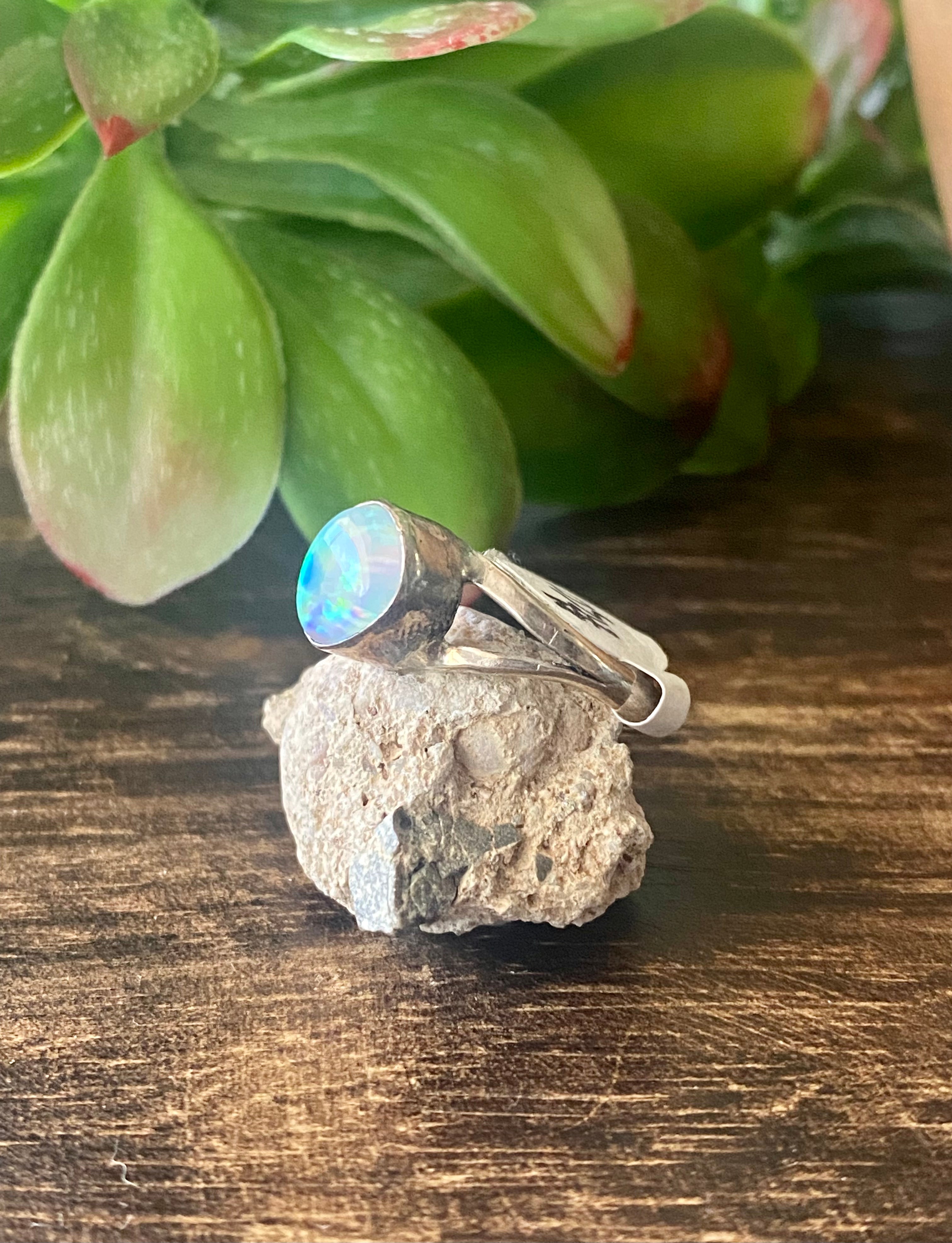 Navajo Made White Opal & Sterling Silver Ring Size 6.5