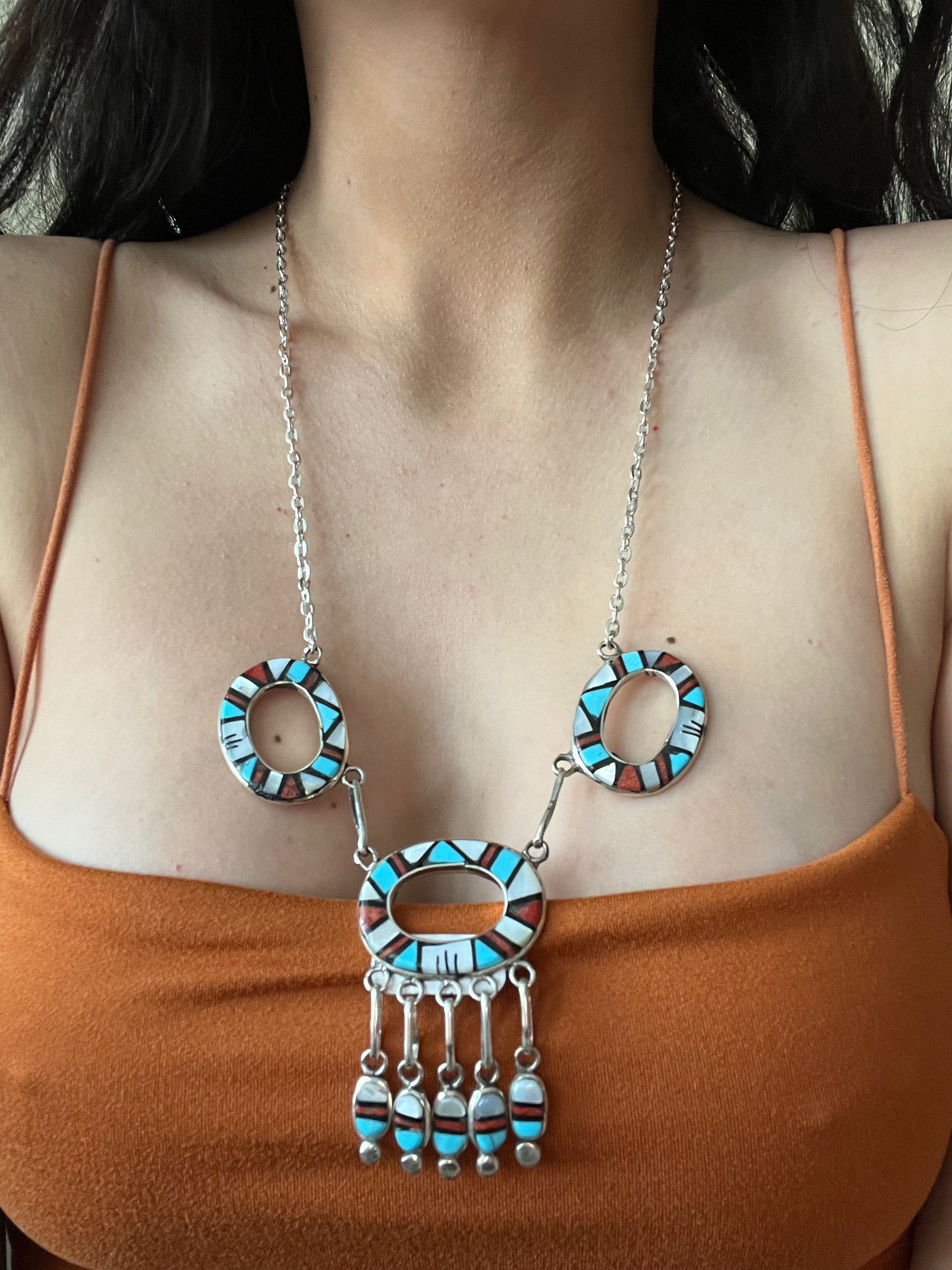 Navajo Made Multi Stone & Sterling Silver Inlay Necklace Set