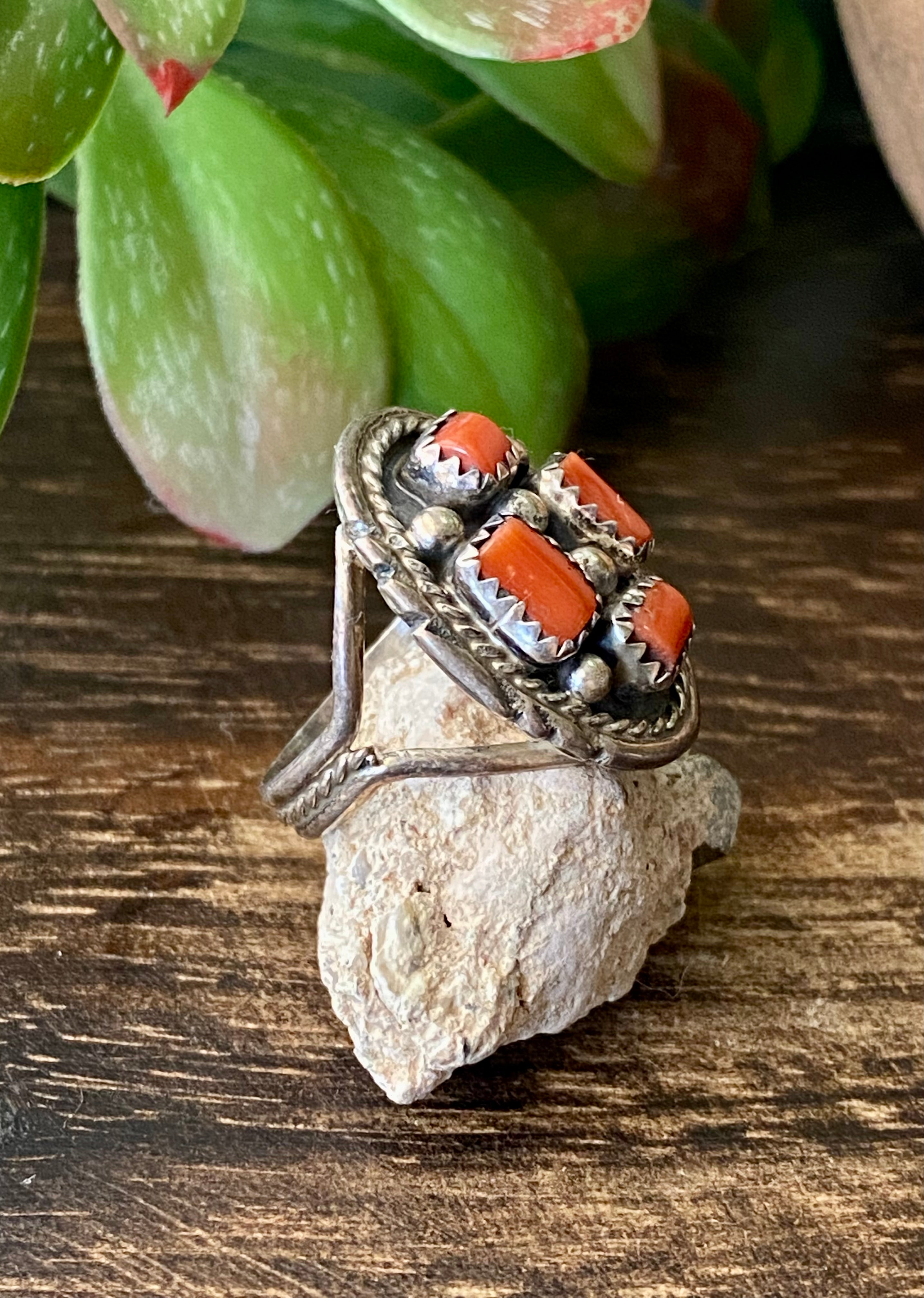 Navajo Made Coral & Sterling Silver Ring Size 6.5