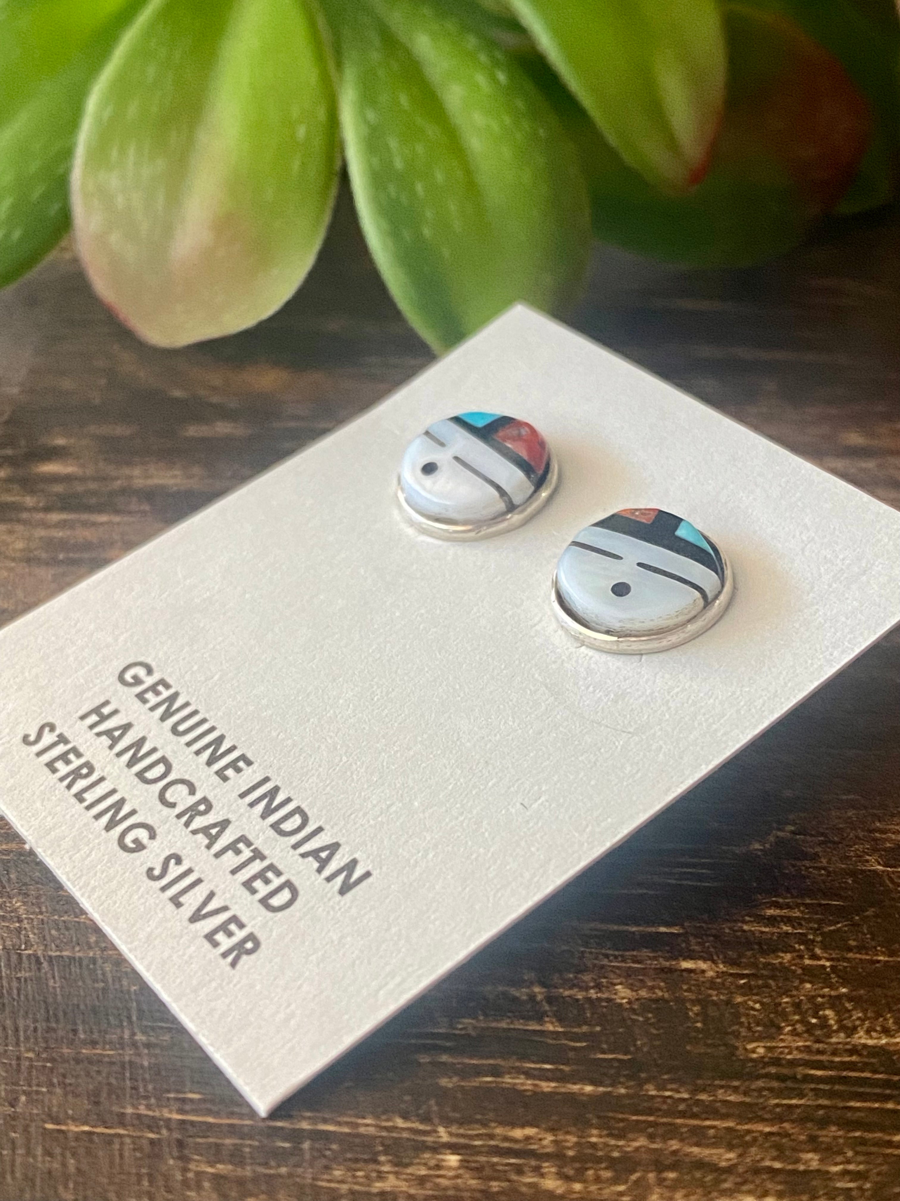 Zuni Multi Stone & Sterling Silver Sunface Inlay Stud Earrings