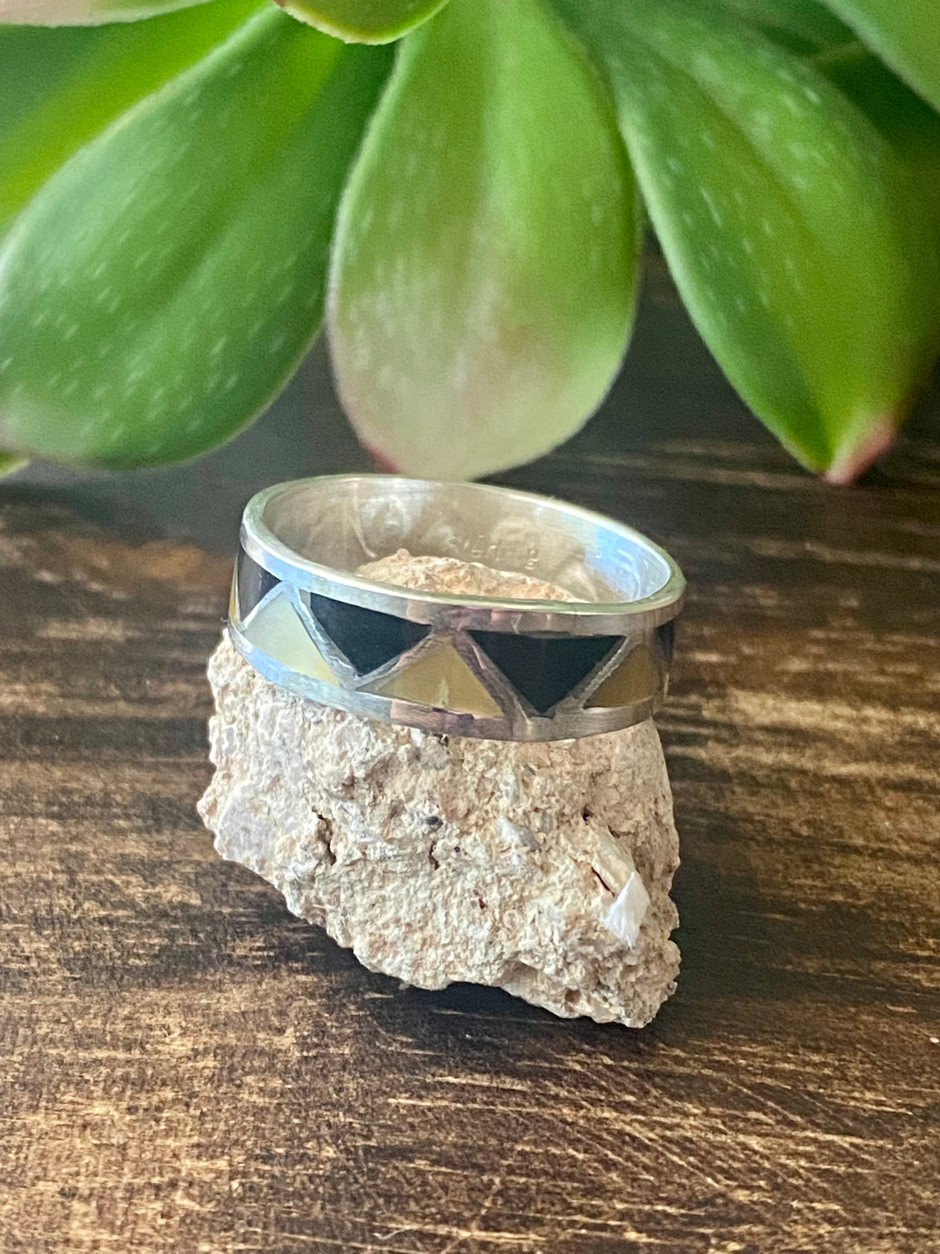 Navajo Made Multi Stone & Sterling Silver Inlay Ring Size 8.75