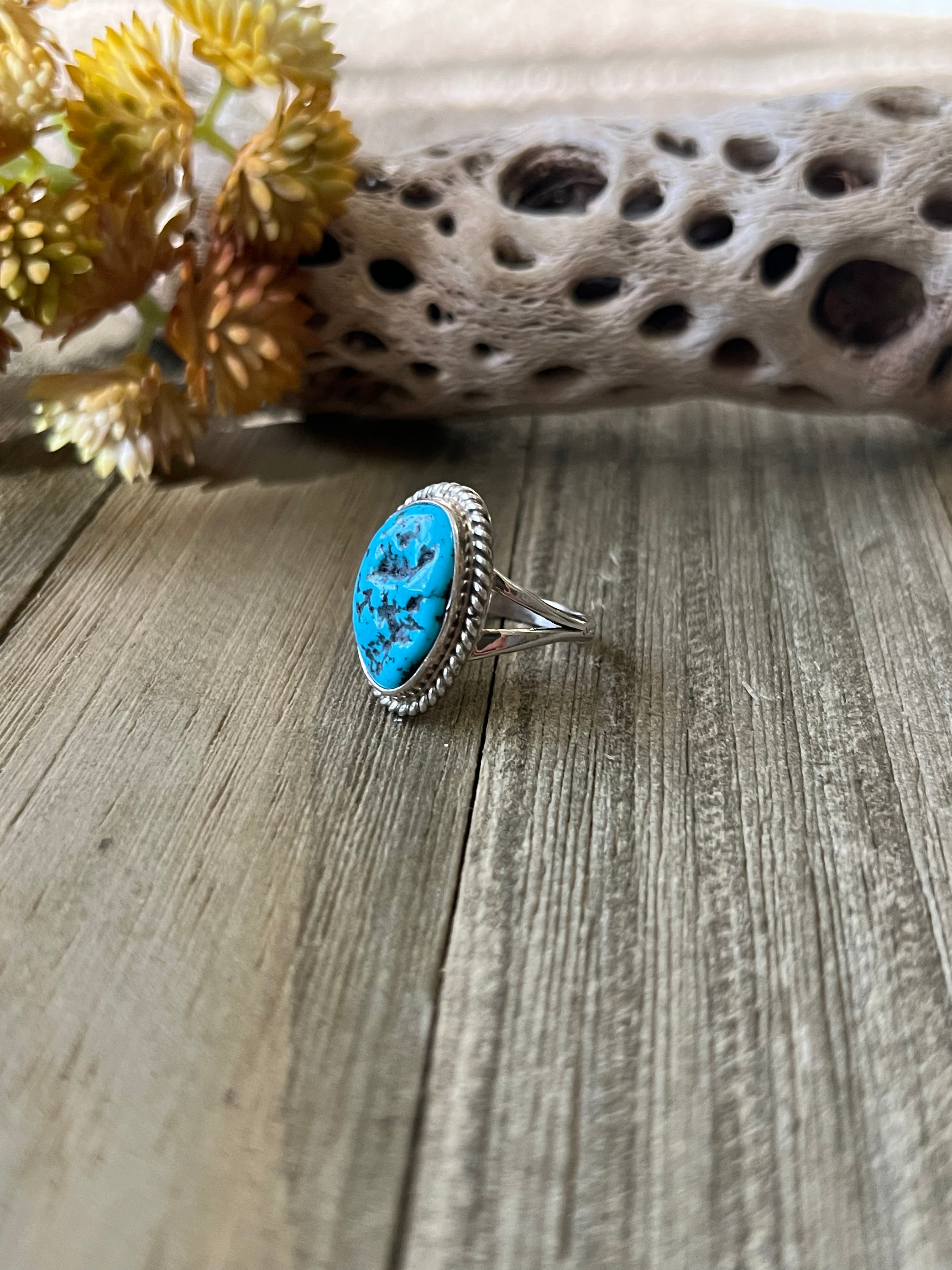 Navajo Made Kingman Turquoise & Sterling Silver Ring Size 7.75