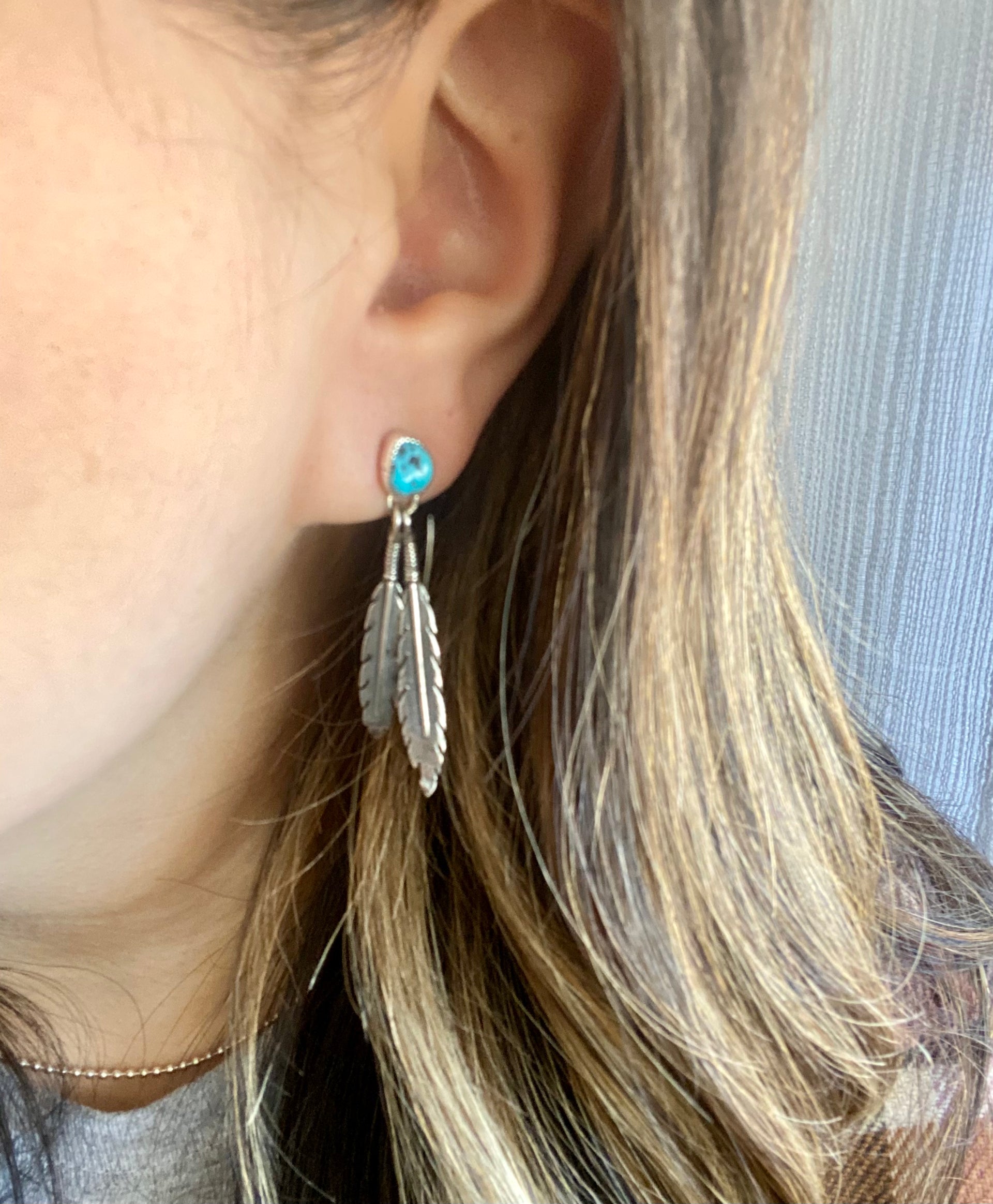 Navajo Made Kingman Turquoise & Sterling Silver Post Feather Dangle Earrings