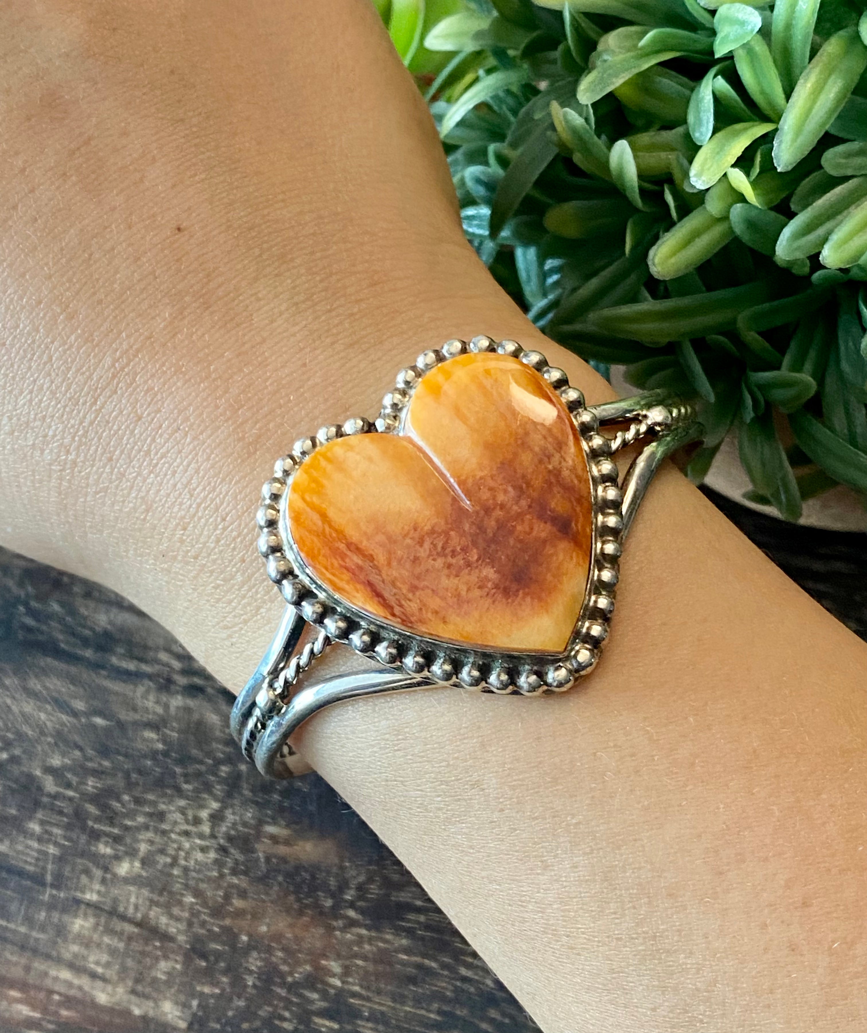 Navajo Made Spiny Oys & Sterling Silver Heart Cuff Bracelet