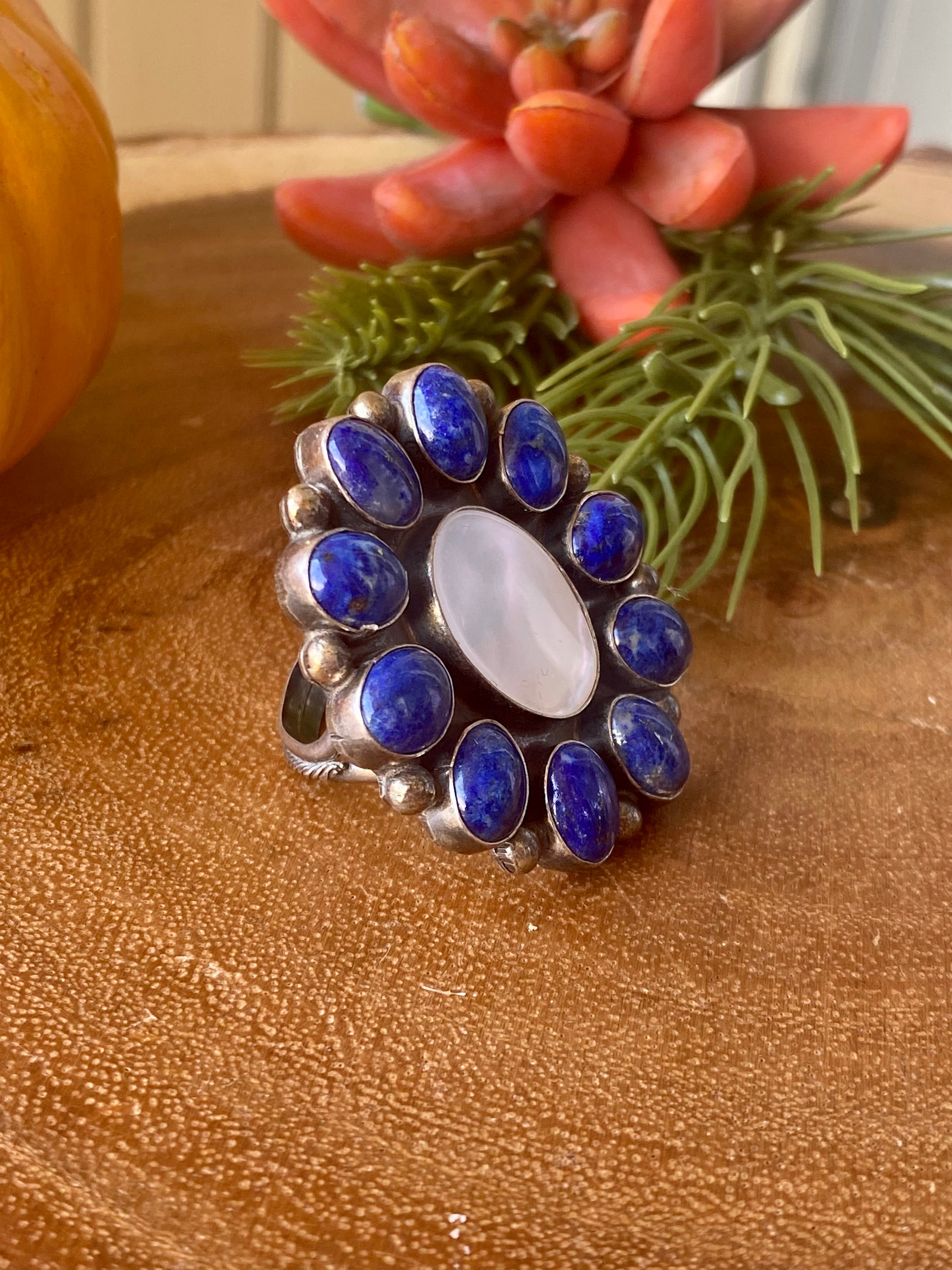 Navajo Lapis & Mother of Pearl Sterling Silver Cluster Ring Size 10.5