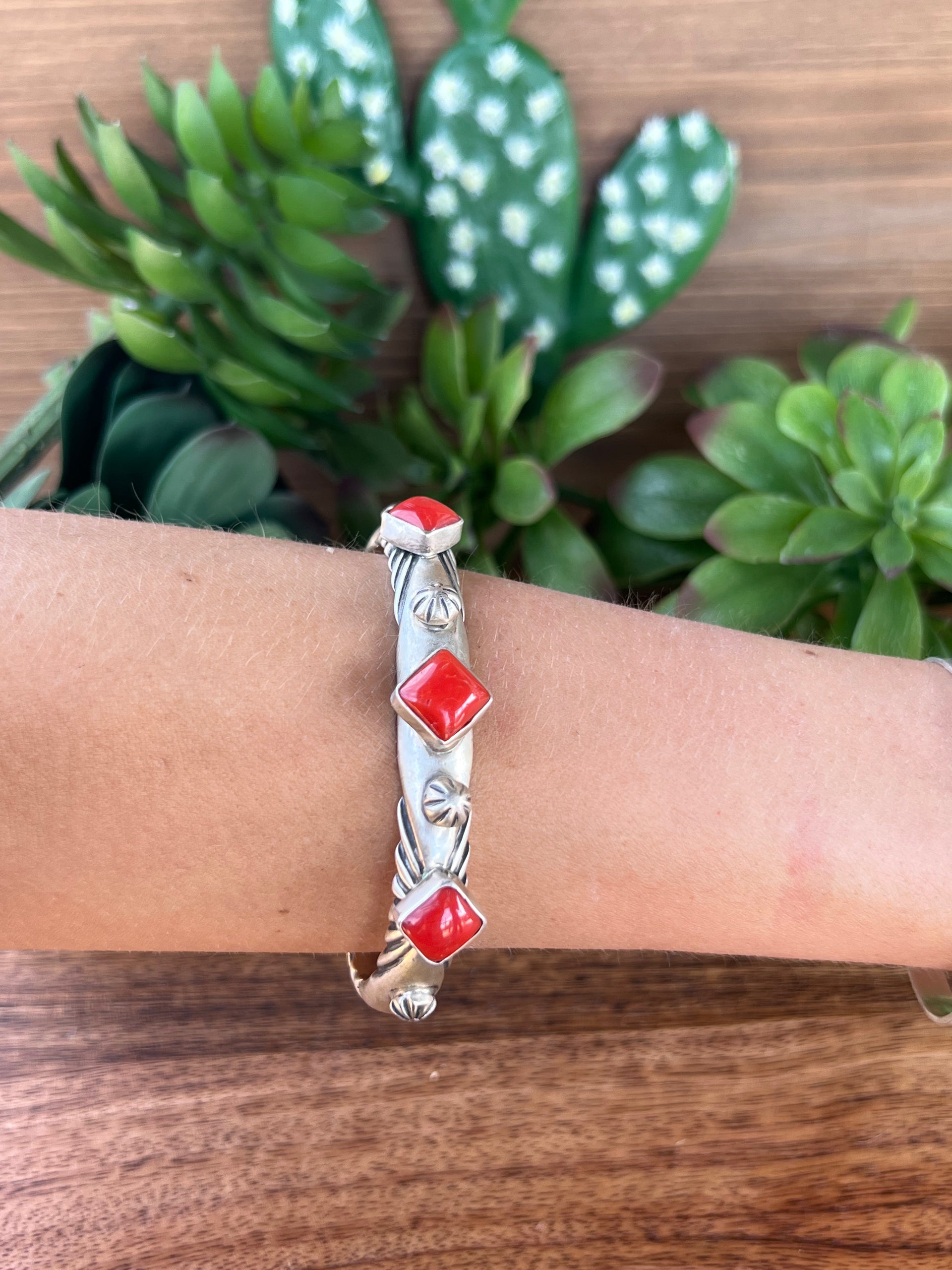 Navajo Natural Coral & Sterling Silver Cuff Bracelet