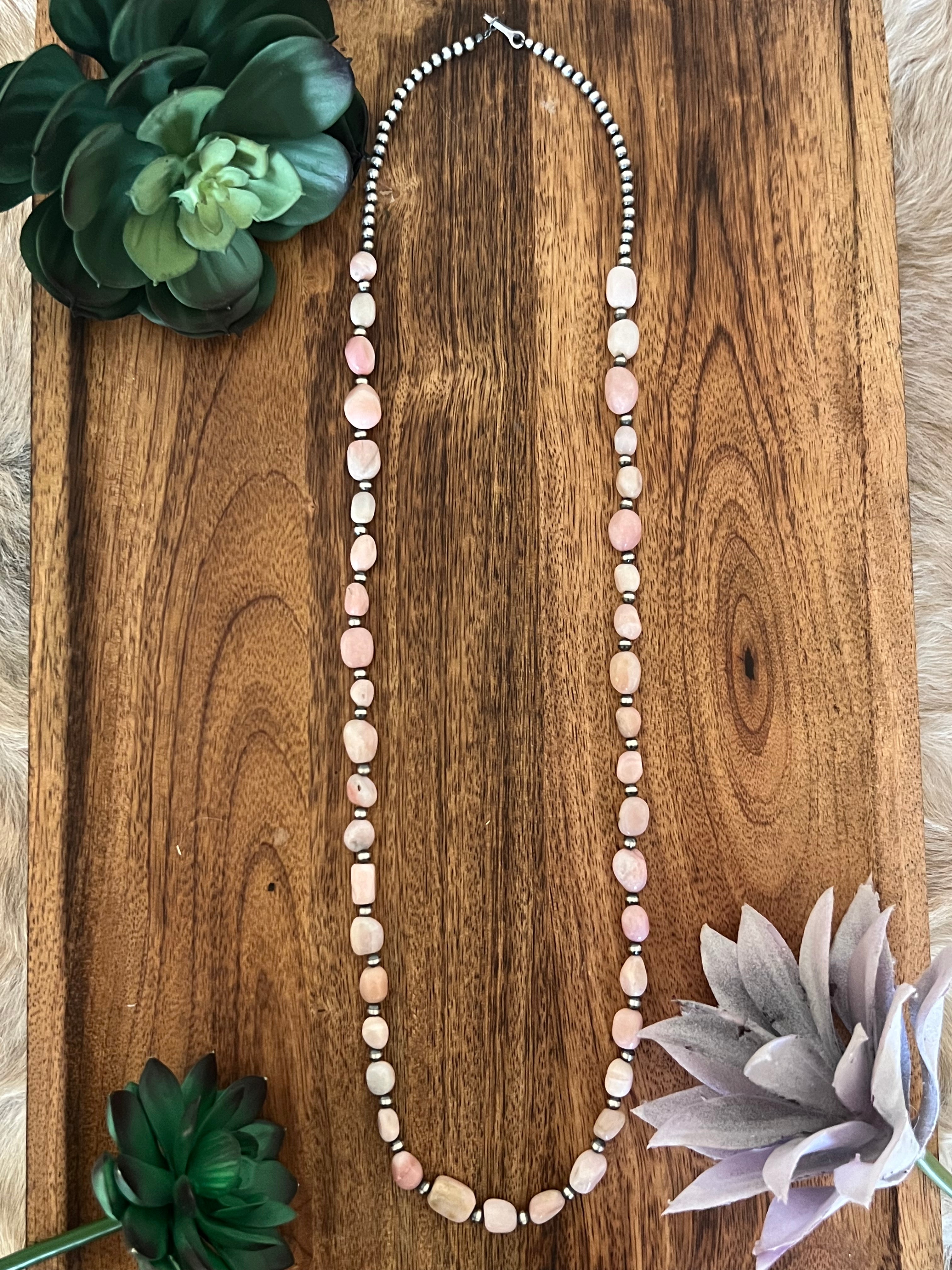 Navajo Made Pink Coral & Sterling Silver 4 MM 29 Inch Pearl Necklace