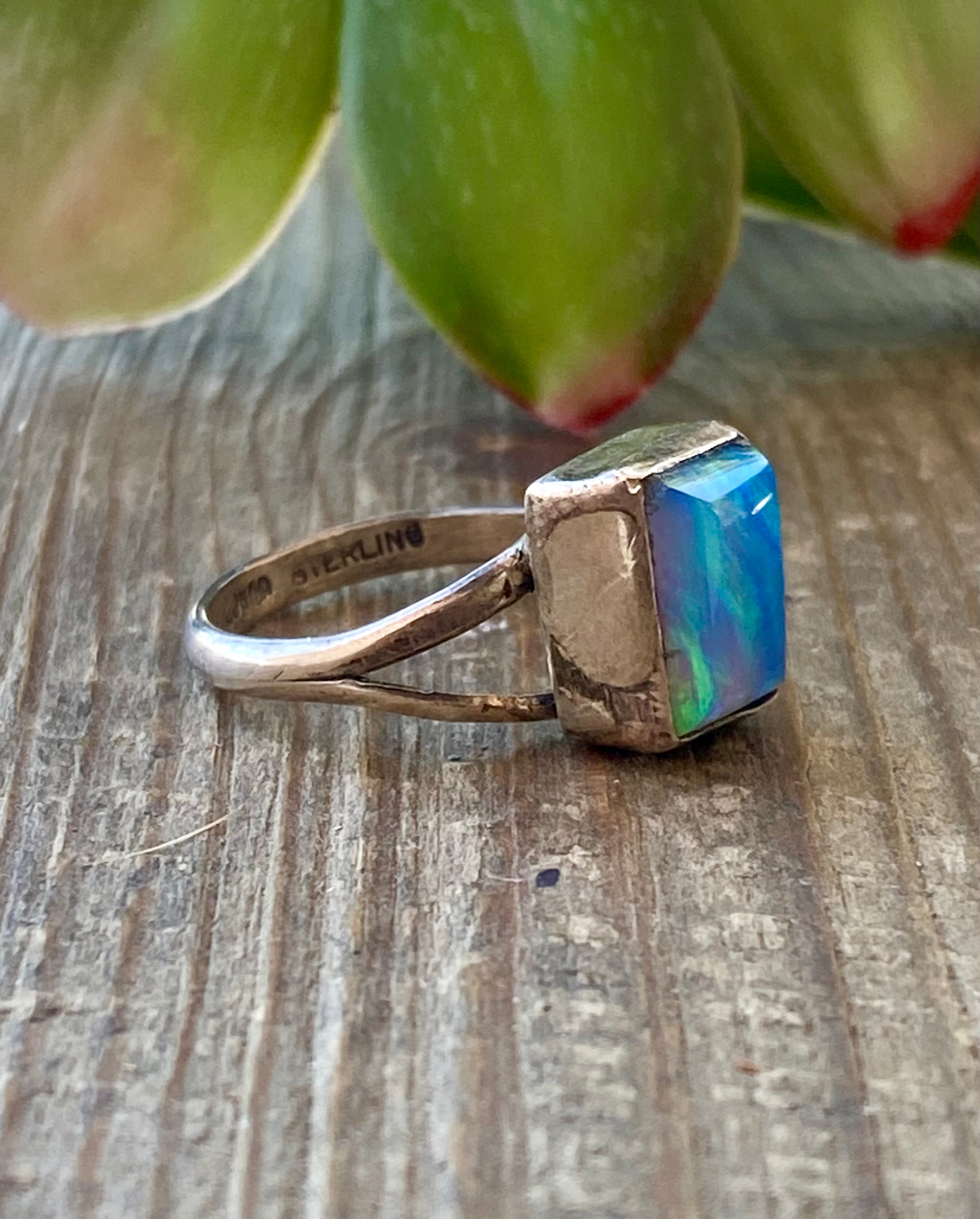 Navajo Made Blue Opal & Sterling Silver Ring Size 6.75