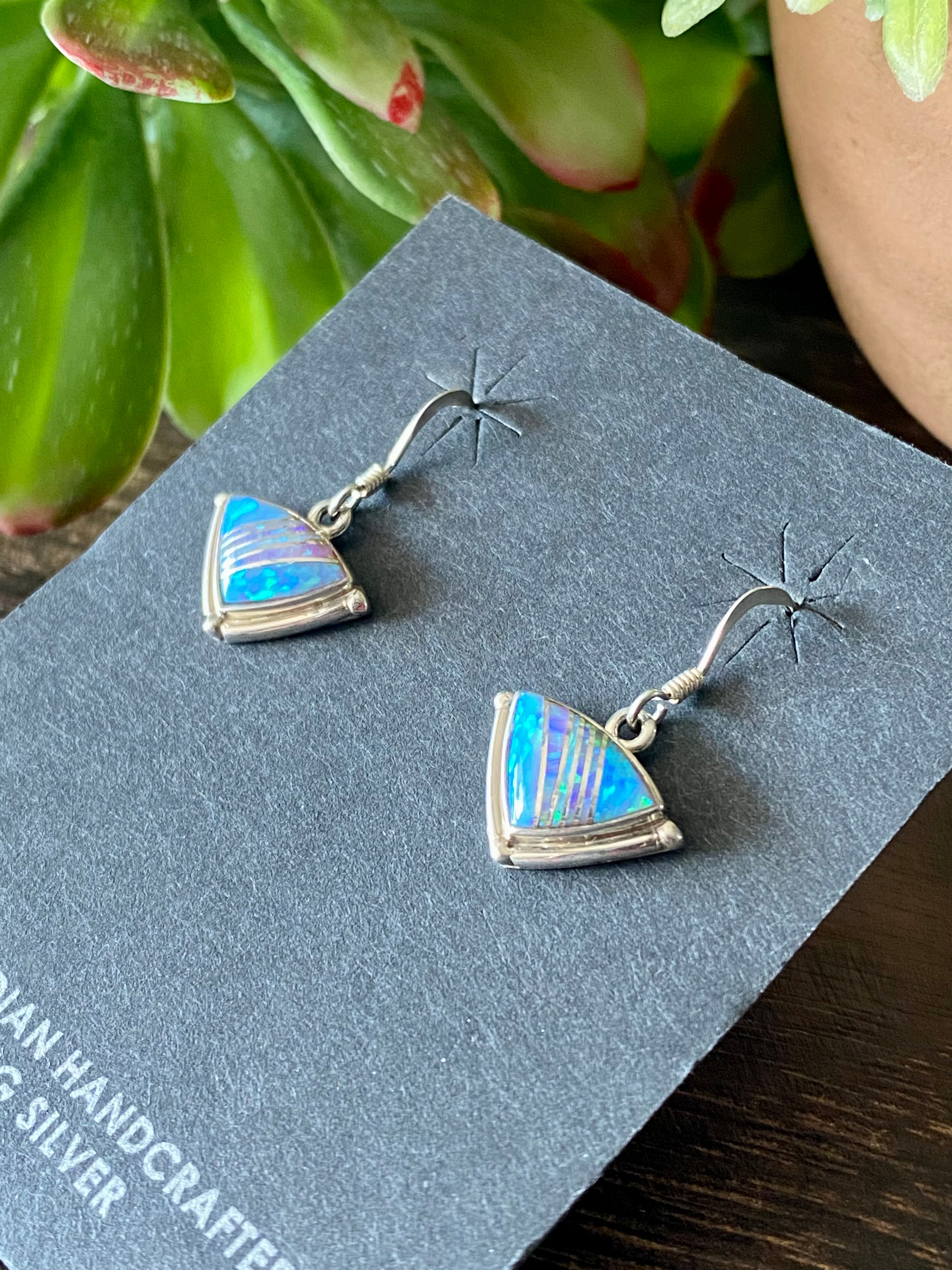 Navajo Made Opal & Sterling Silver Inlay Dangle Earrings