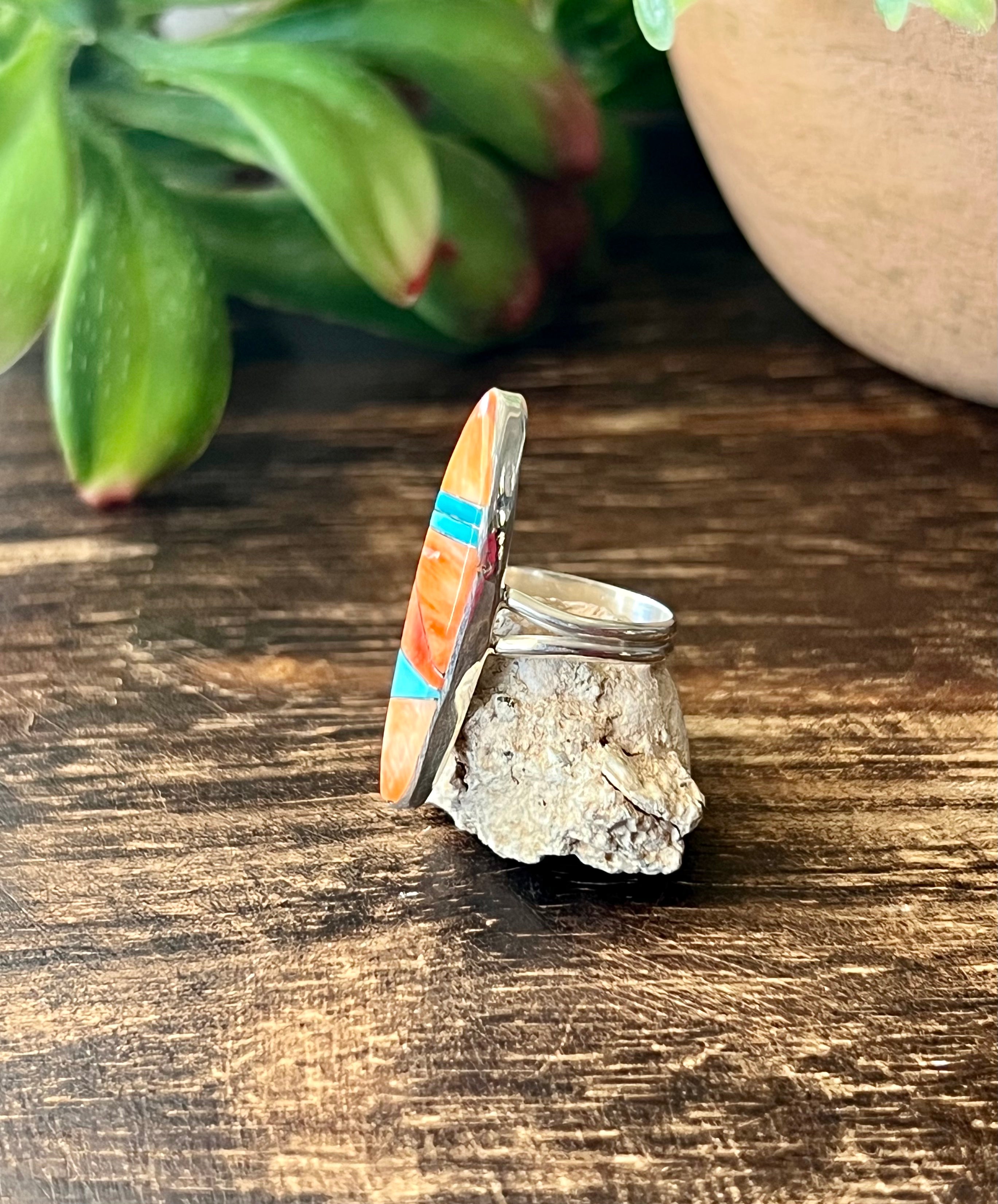 Navajo Made Multi Stone & Sterling Silver Inlay Ring Size 5