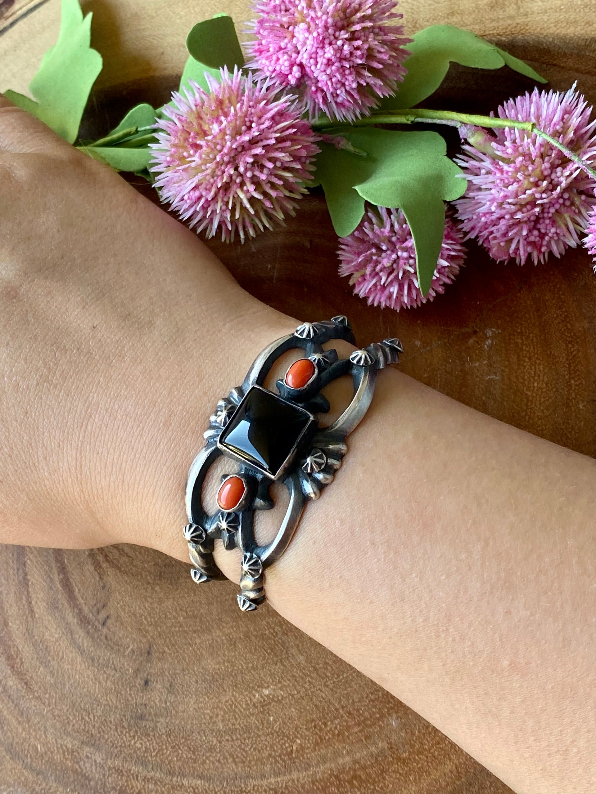 Chimney Butte Onyx & Coral Sterling Silver Cuff Bracelet