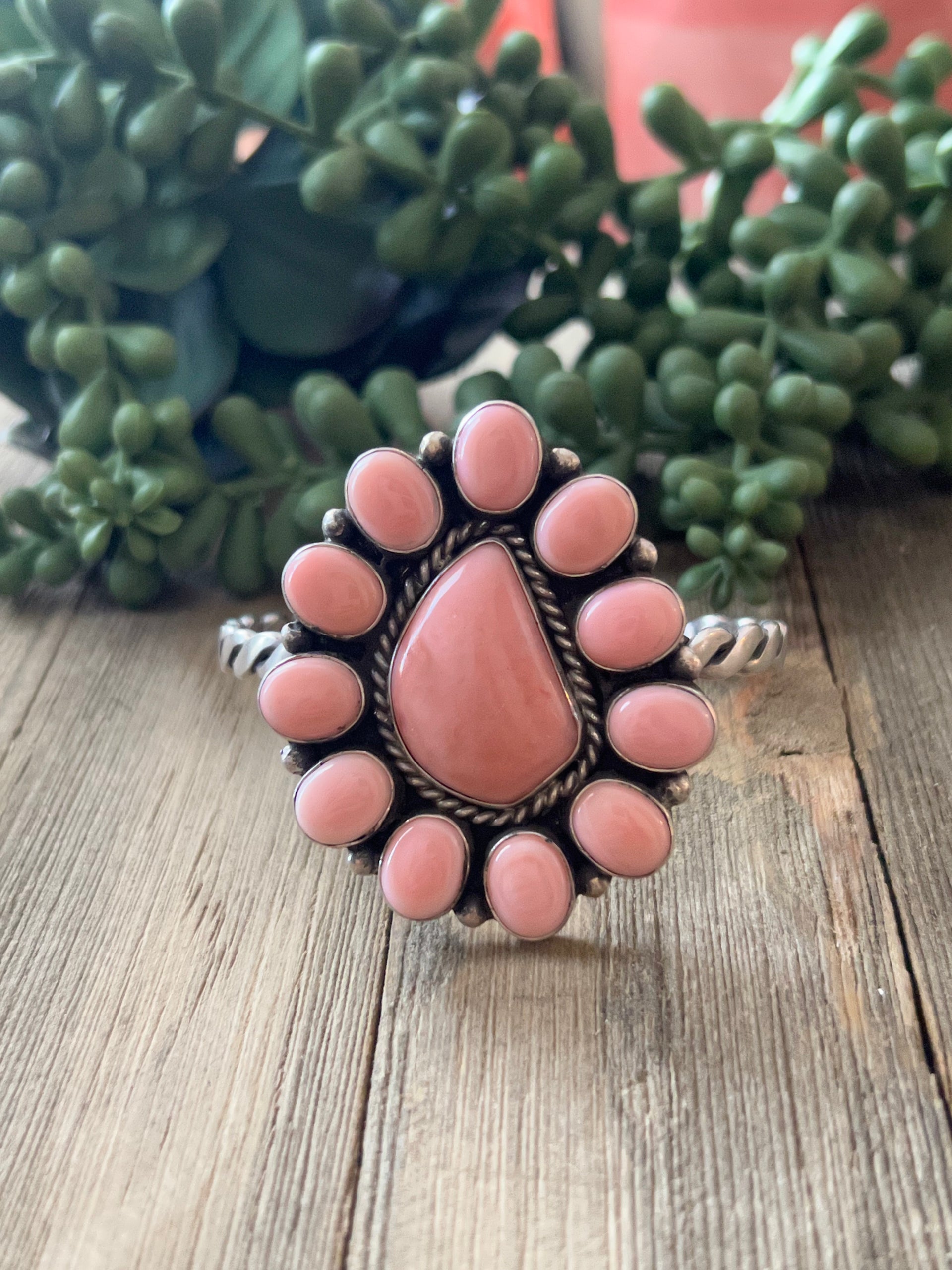 Navajo Made Pink Conch & Sterling Silver Cuff Bracelet