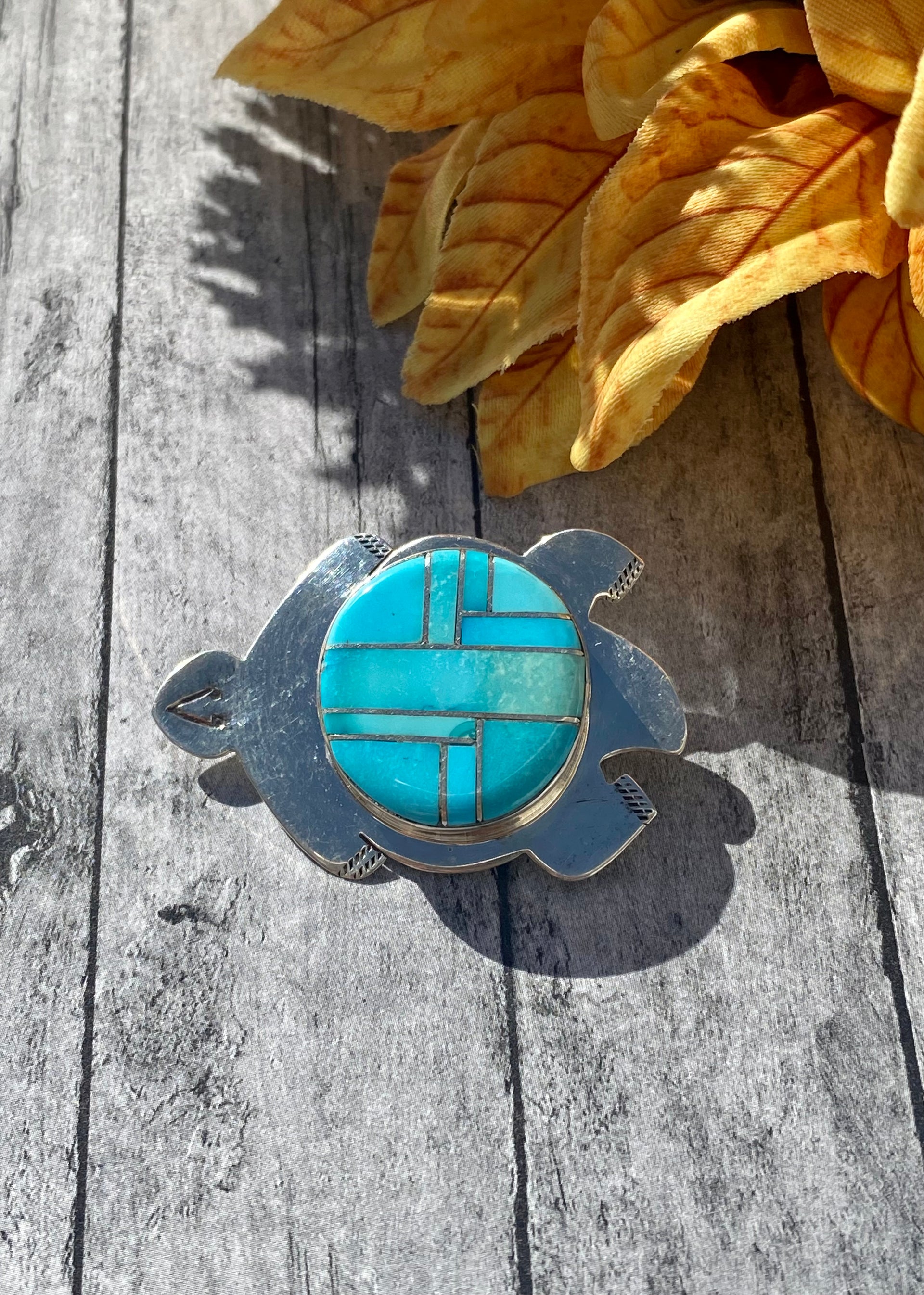 Navajo Made Turquoise & Sterling Silver Inlay Turtle Pin