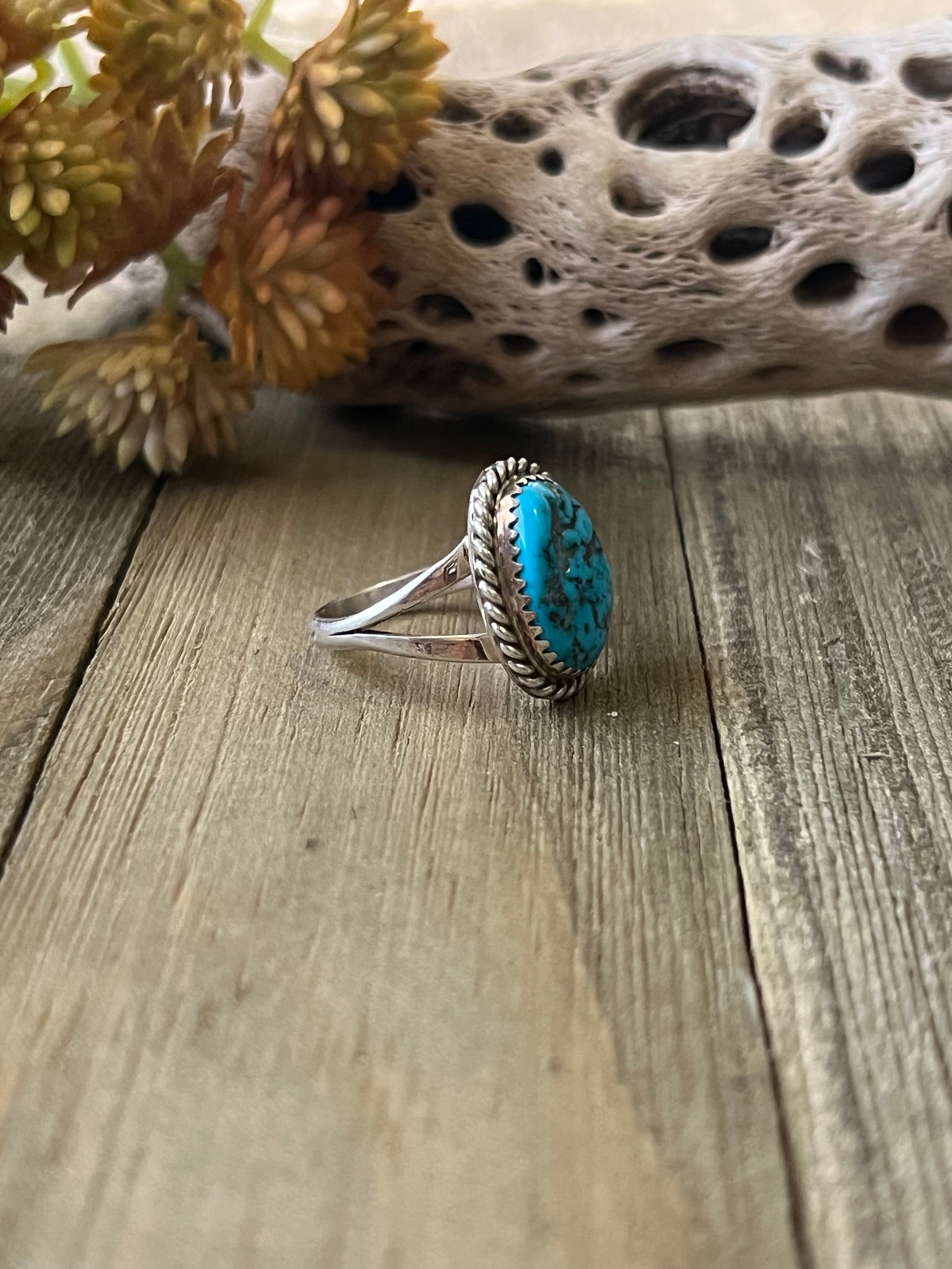 Navajo Made Kingman Turquoise & Sterling Silver Ring Size 8