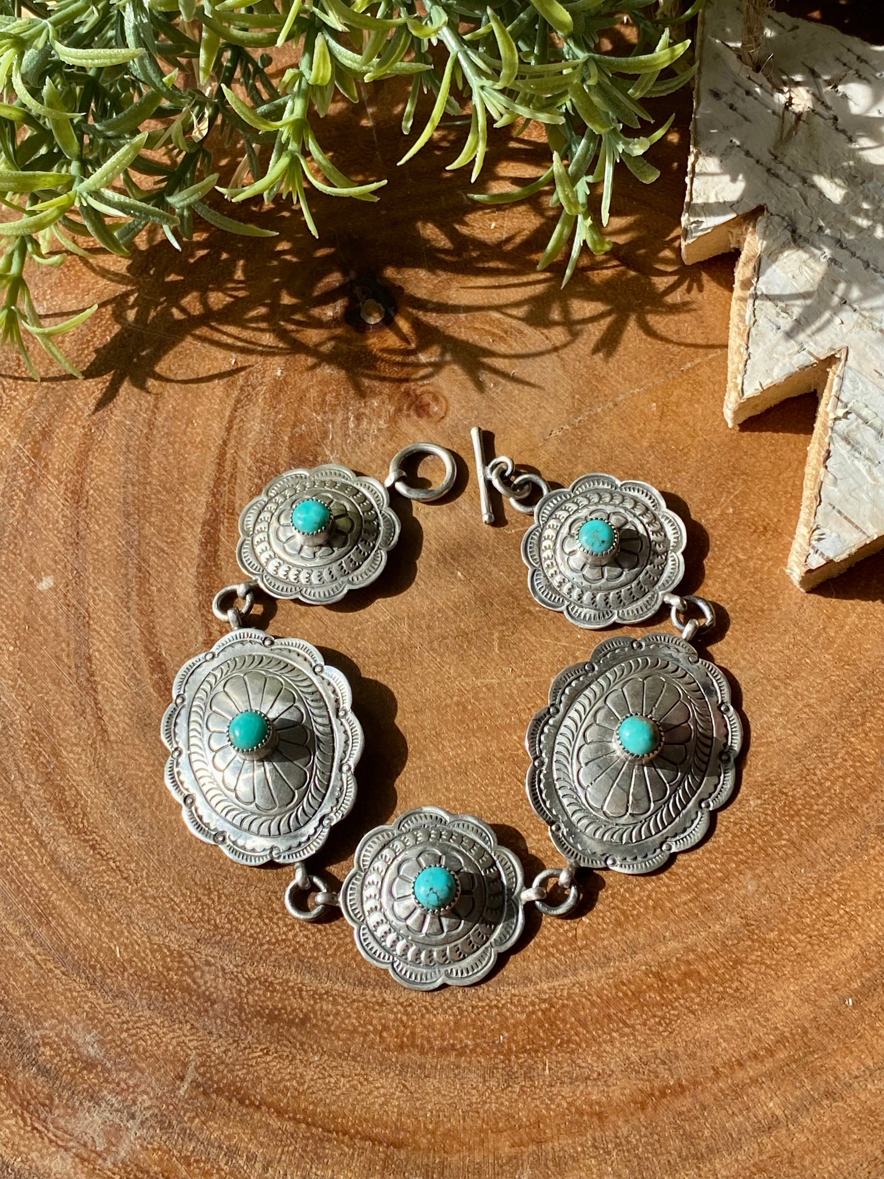 Navajo Made Kingman Turquoise & Sterling Silver Concho Link Bracelet