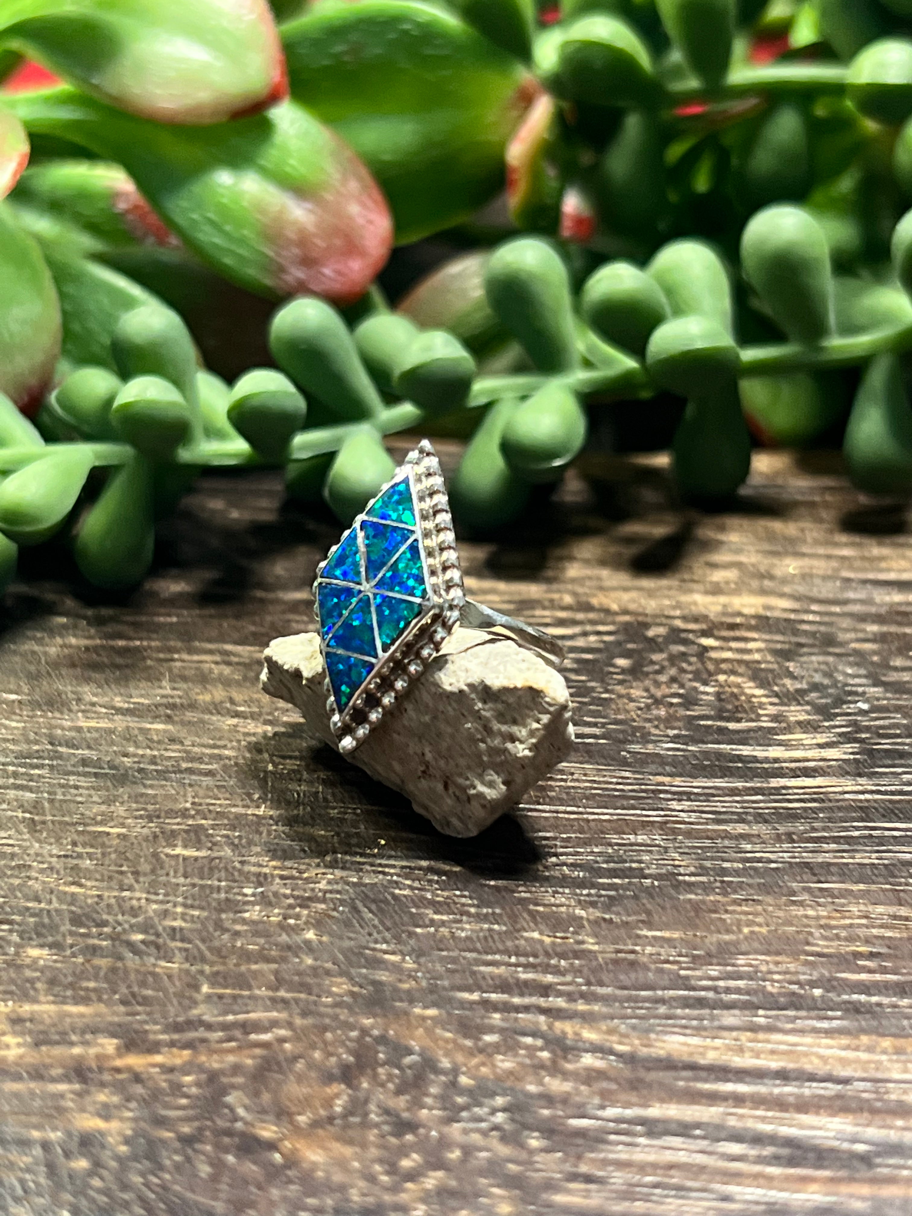 Zuni Made Blue Opal (Man Made) & Sterling Silver Inlay Ring Size 8