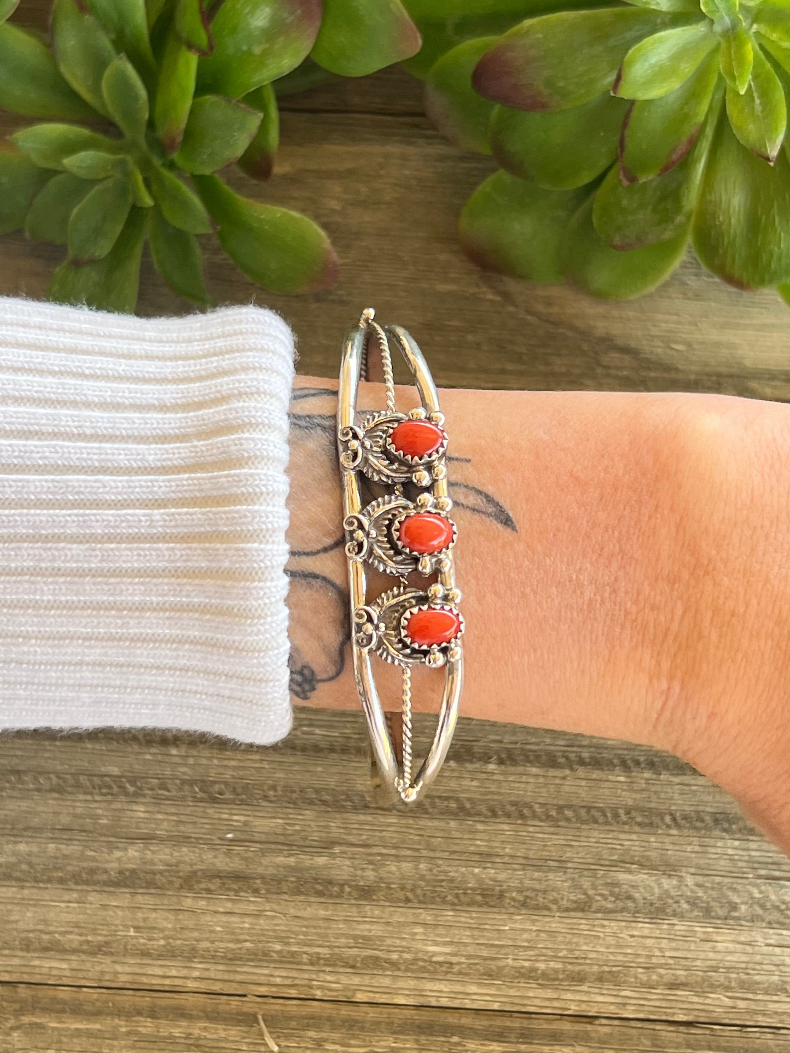 Jeff Shorty Red Coral & Sterling Silver Bracelet Cuff