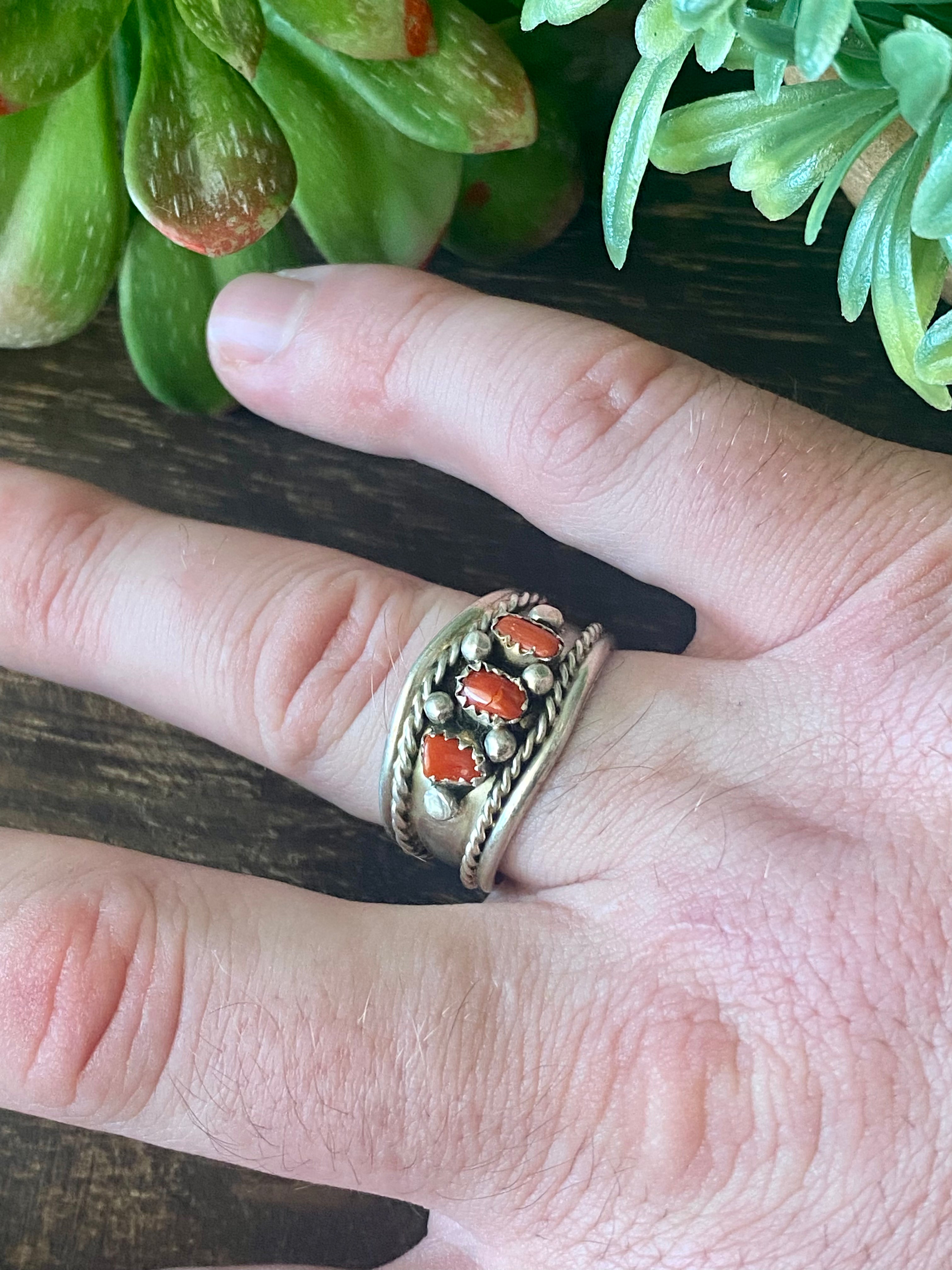 Navajo Made Coral & Sterling Silver Ring Size 11.5