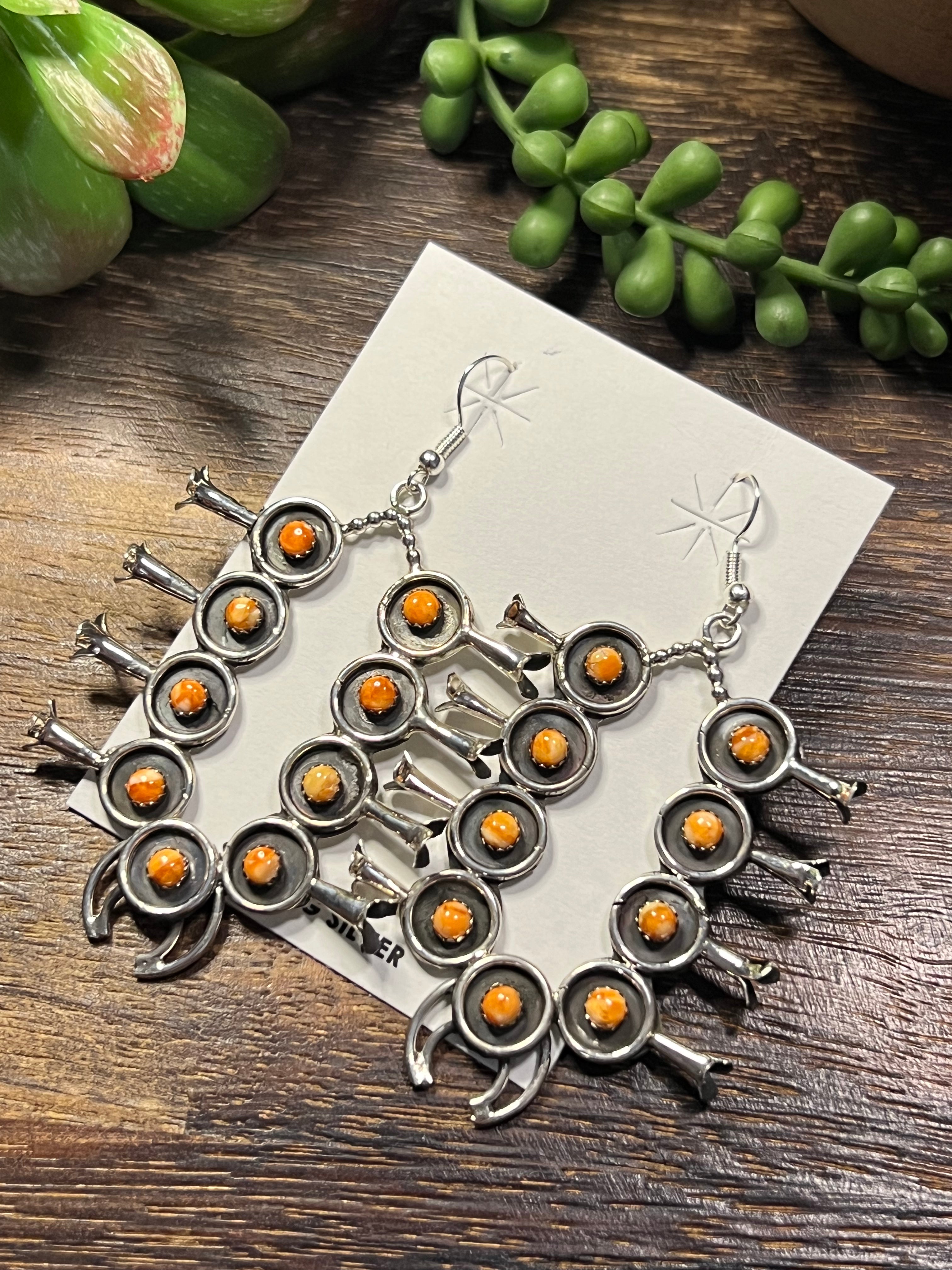 Navajo Made Spiny Oyster & Sterling Silver Dangle Squash Blossom Earrings