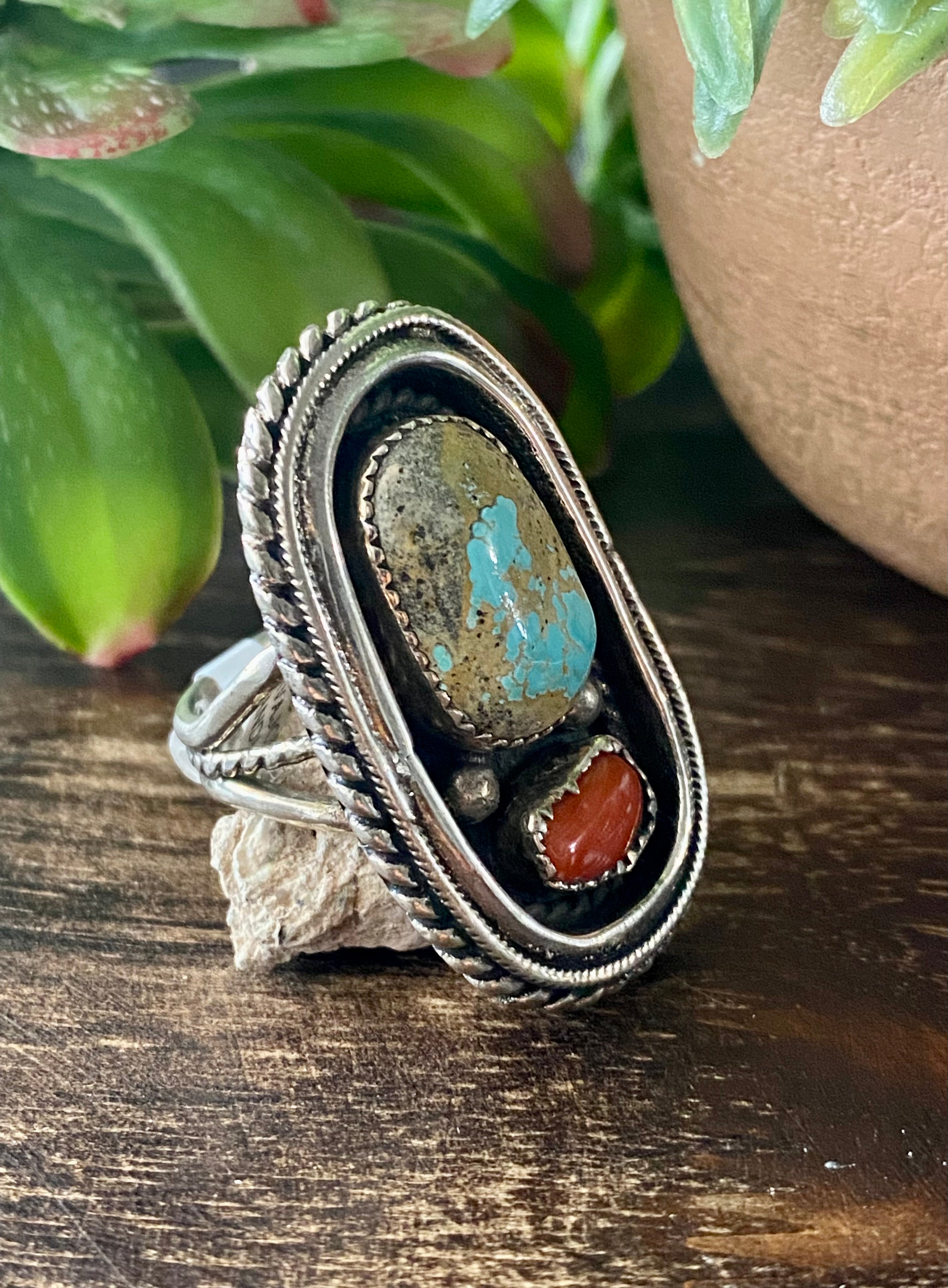 Shirley Largo Turquoise & Coral Sterling Silver Ring Size 10.5