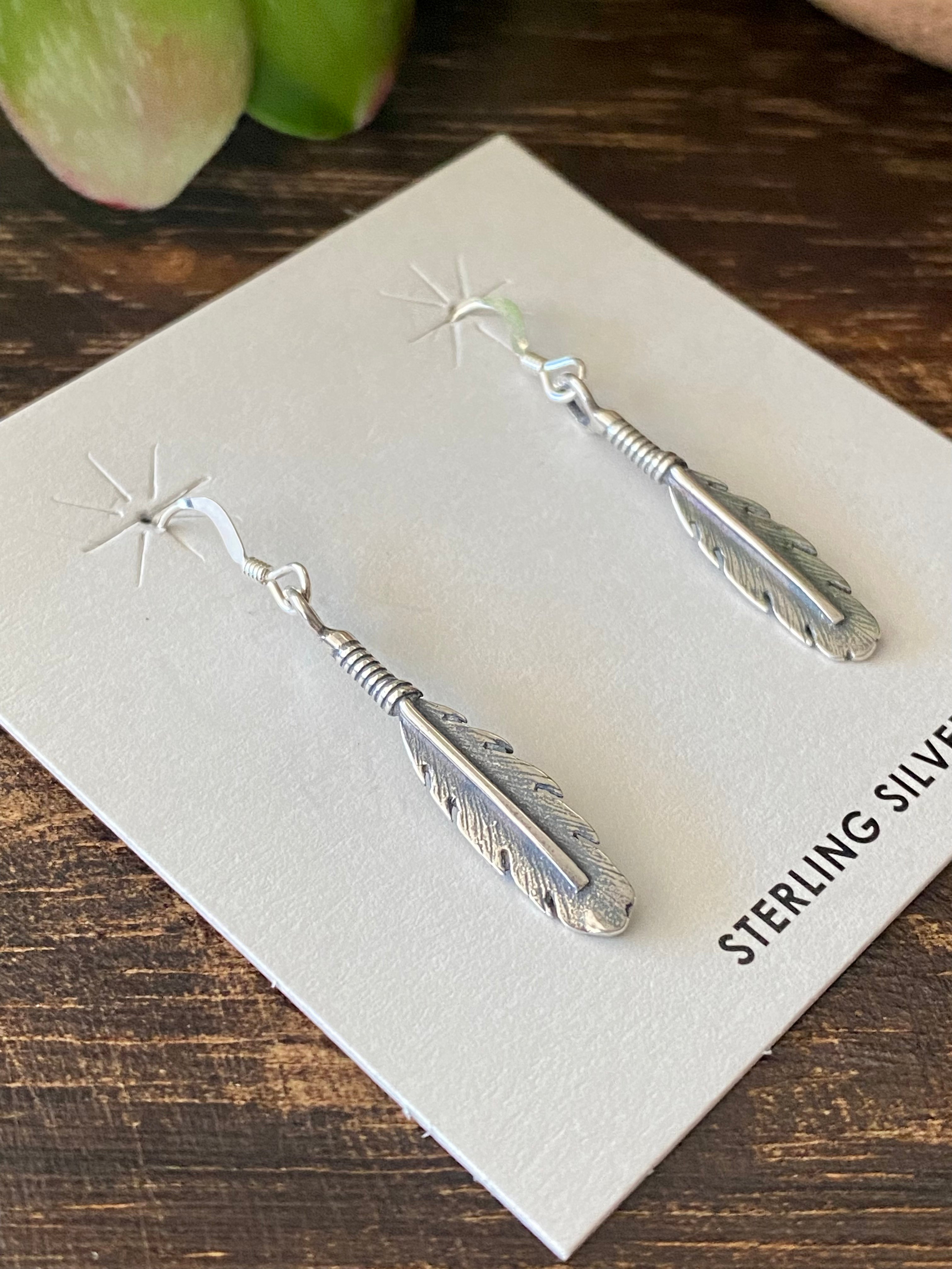 Navajo Made Sterling Silver Feather Dangle Earrings