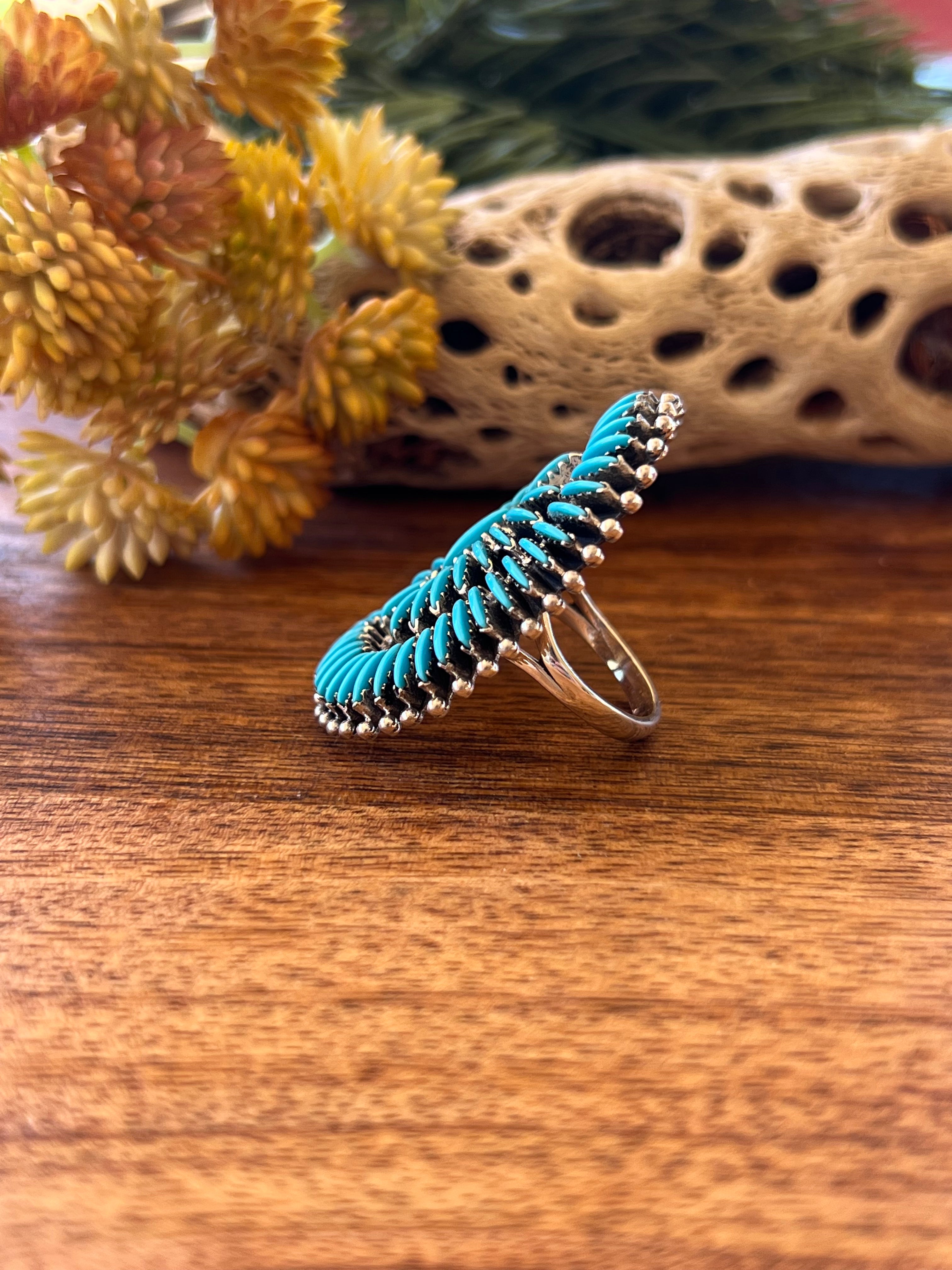 Southwest Handmade Turquoise & Sterling Silver Needlepoint Ring 8.25