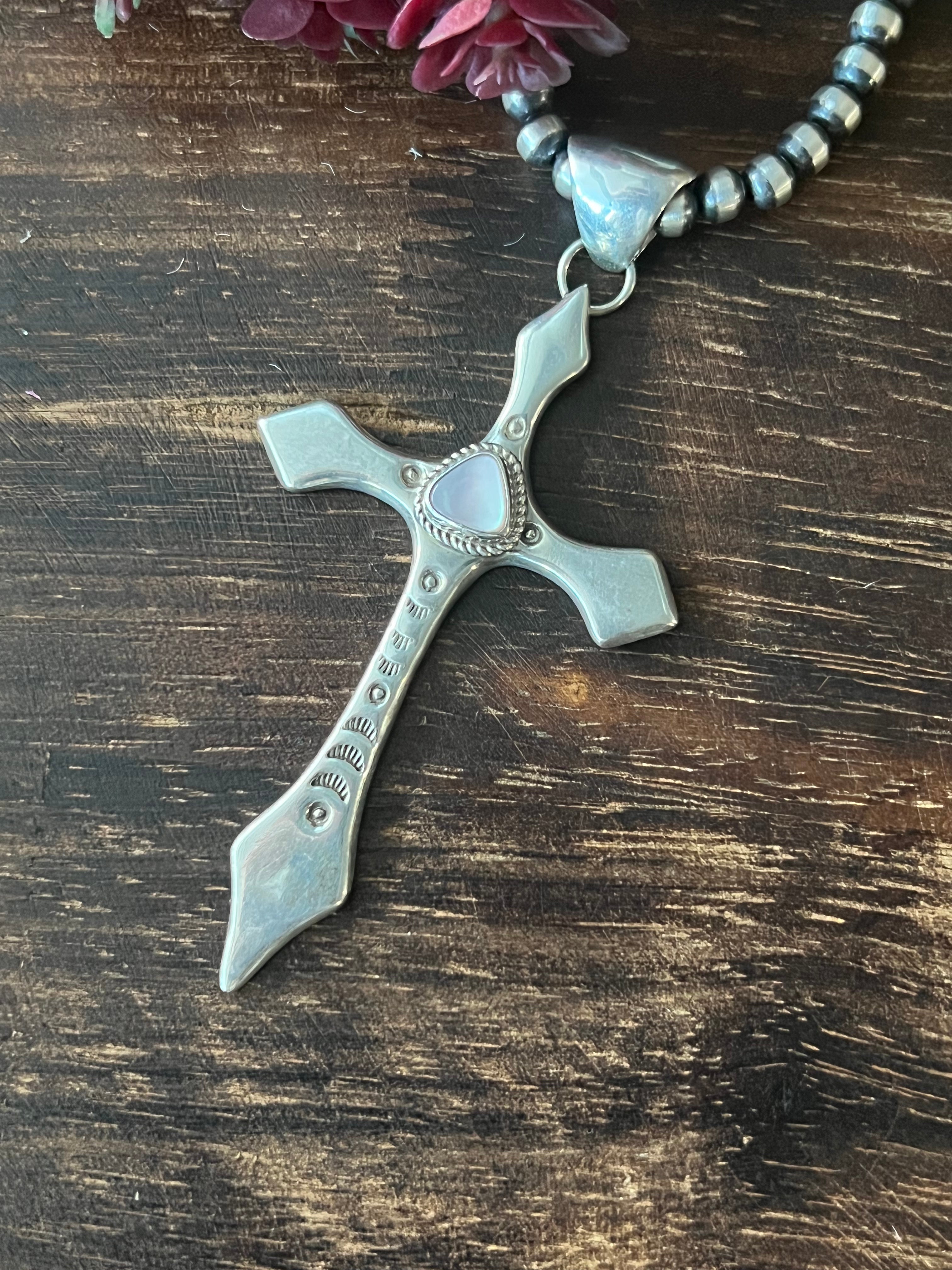 Navajo Mother of Pearl & Sterling Silver Cross Pendant