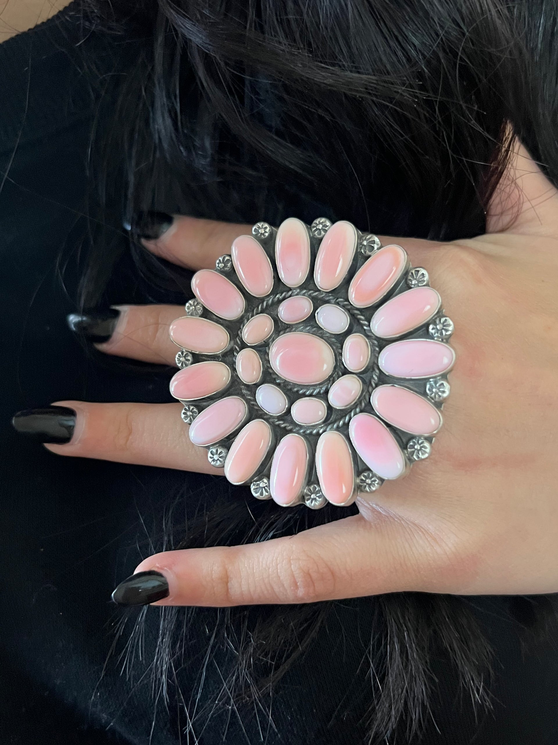 Navajo Made Pink Conch & Sterling Silver Adjustable Ring