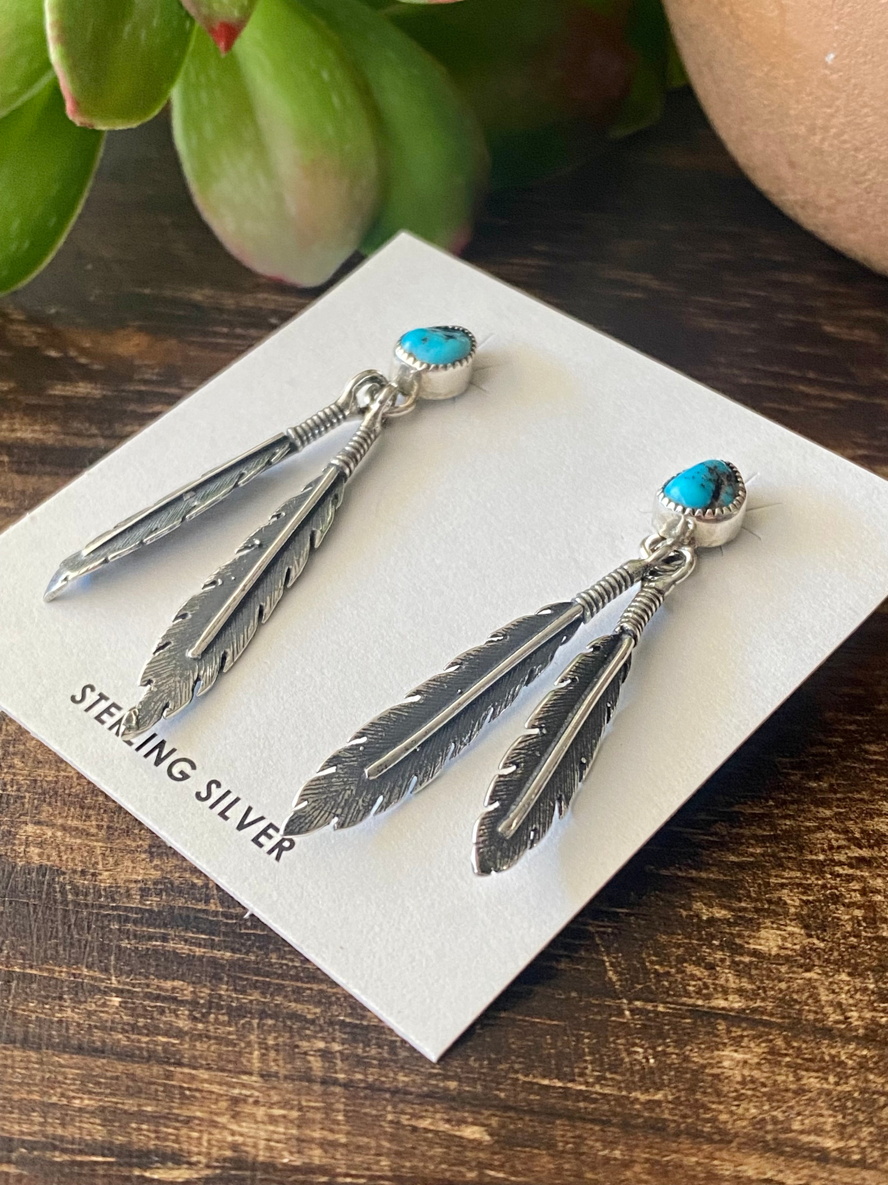 Navajo Made Kingman Turquoise & Sterling Silver Post Feather Dangle Earrings