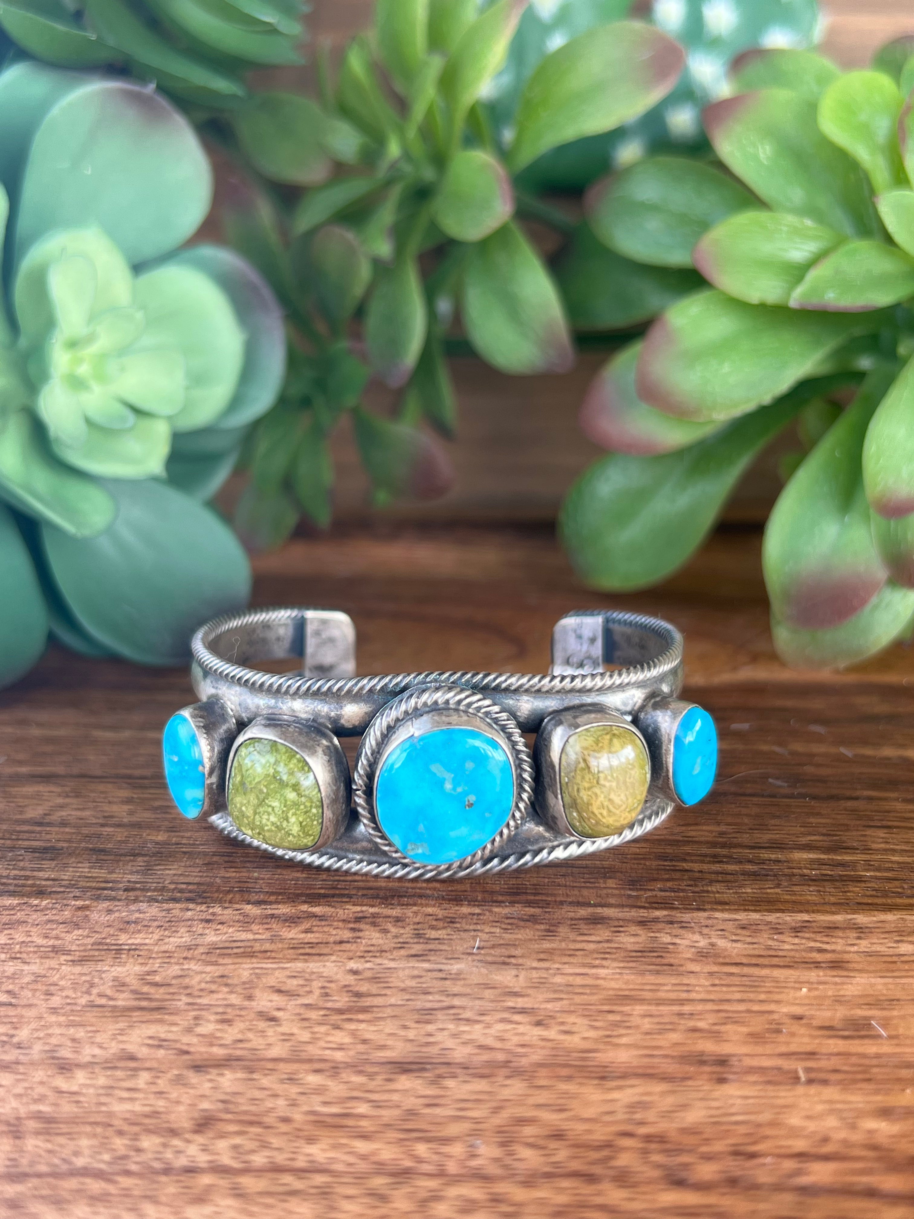 Navajo Golden Hill & Sonoran Gold Turquoise Sterling Silver Cuff Bracelet
