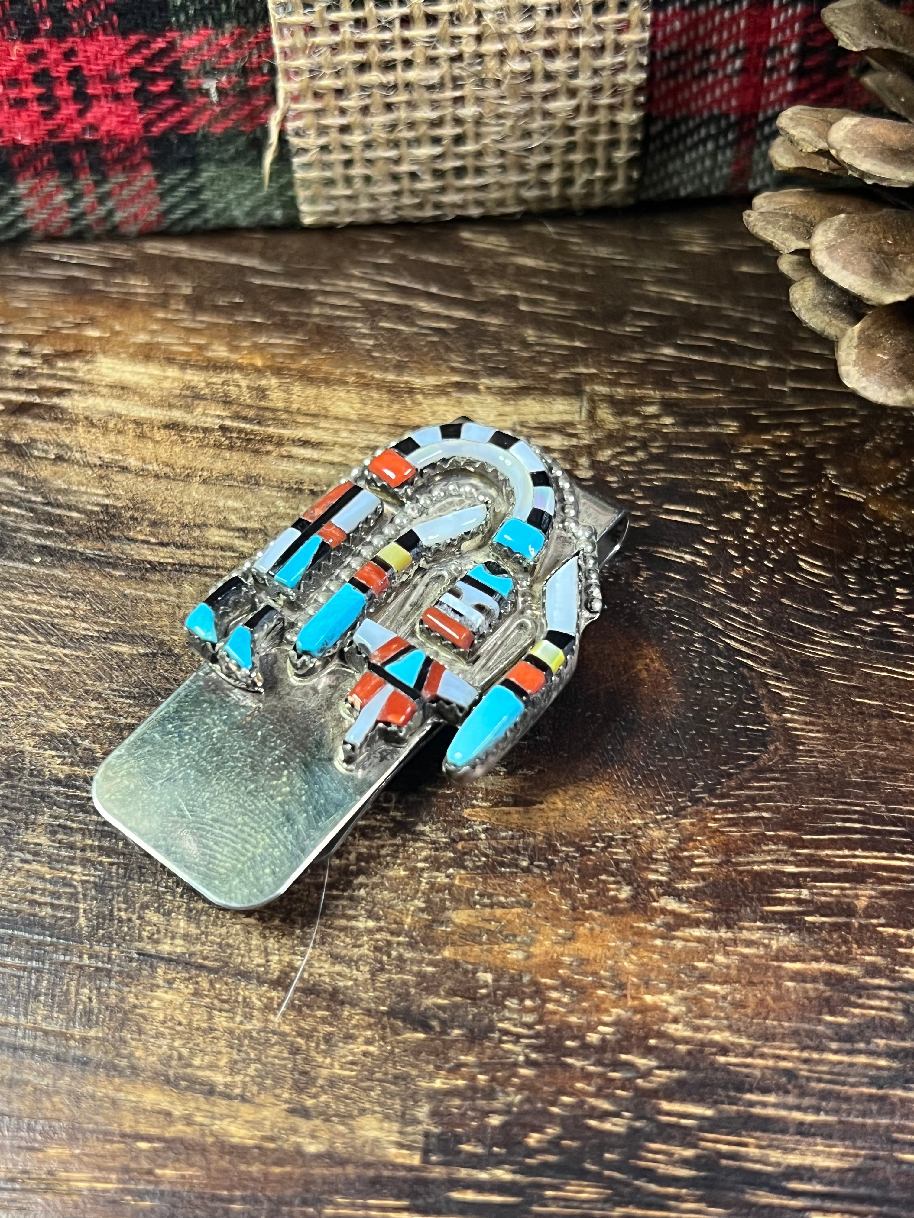 Navajo Made Multi Stone & Sterling Silver Inlay Money Clip