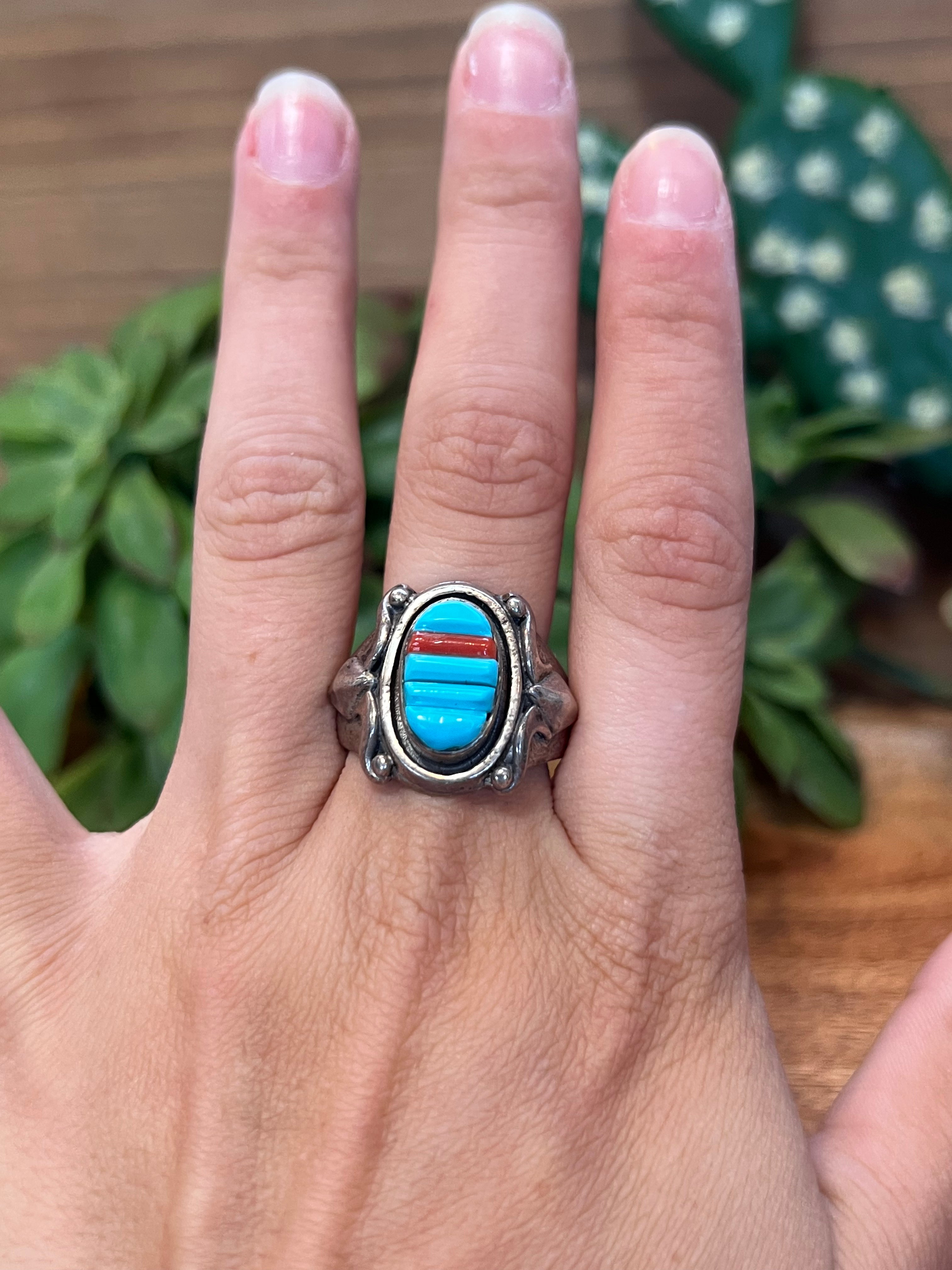 Navajo Turquoise & Coral Sterling Silver Mens Ring Size 10.75