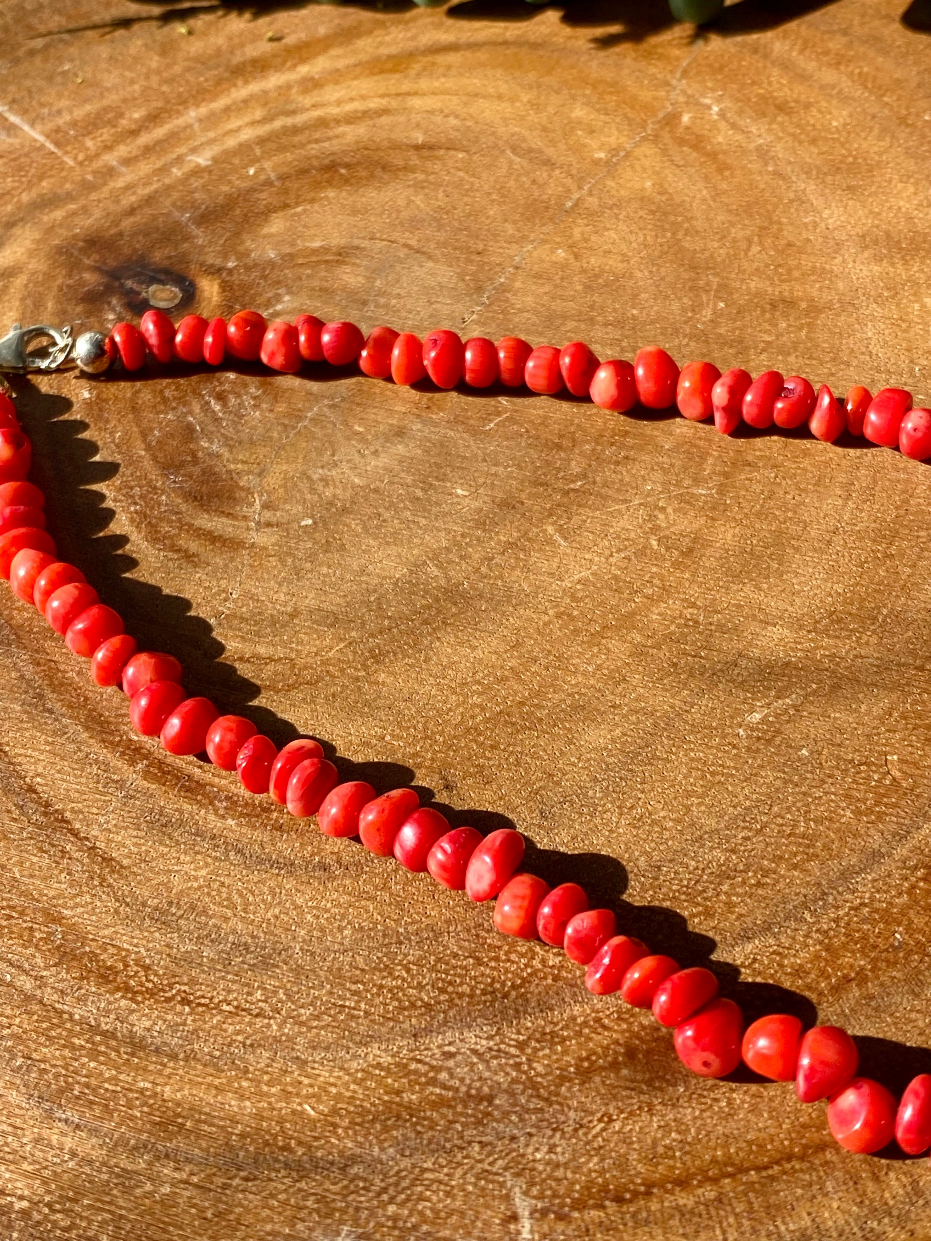 Navajo Made Bamboo Coral & Sterling Silver Beaded Necklace