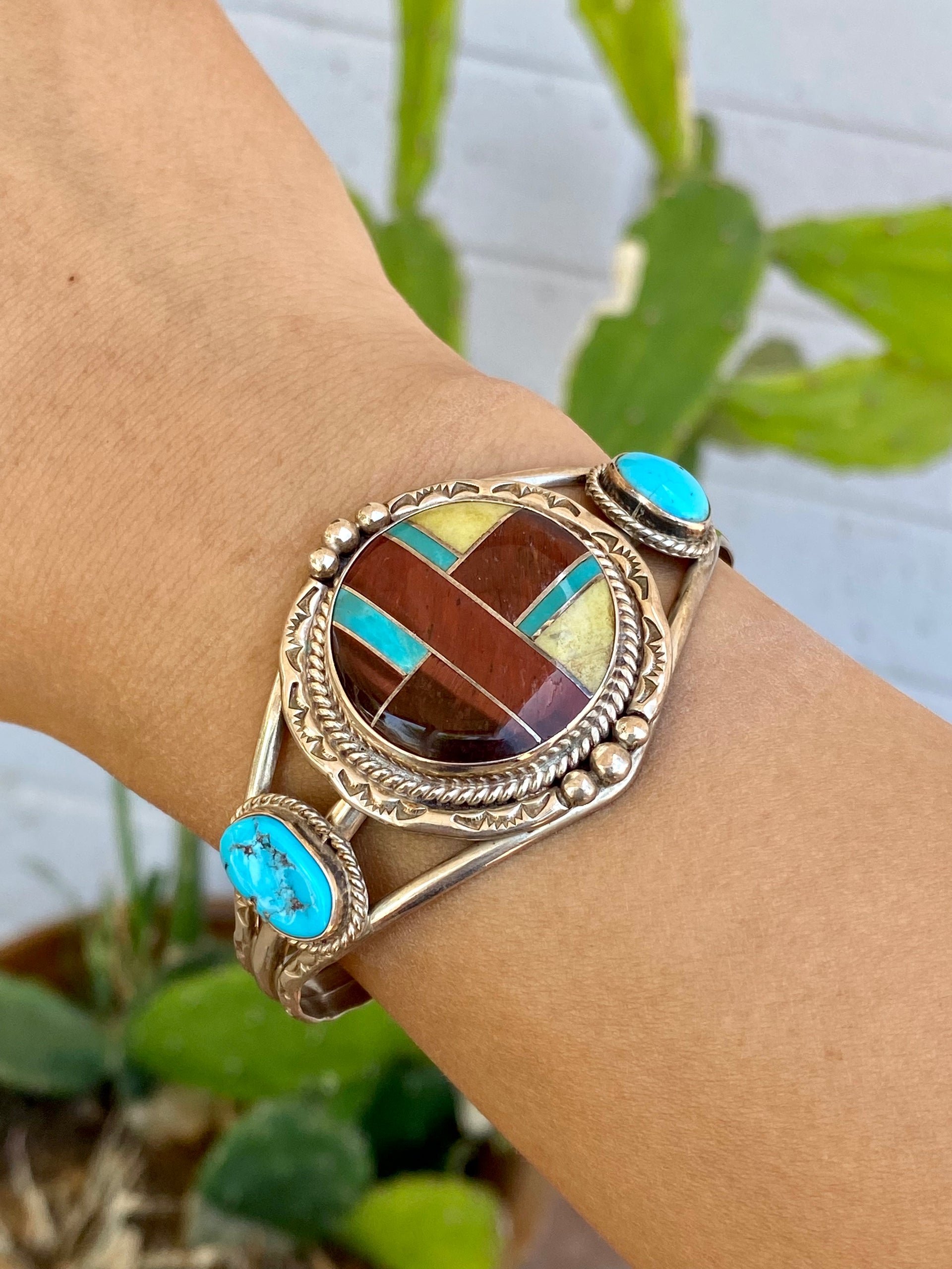 Navajo Made Multi Stone & Sterling Silver Inlay Cuff Bracelet