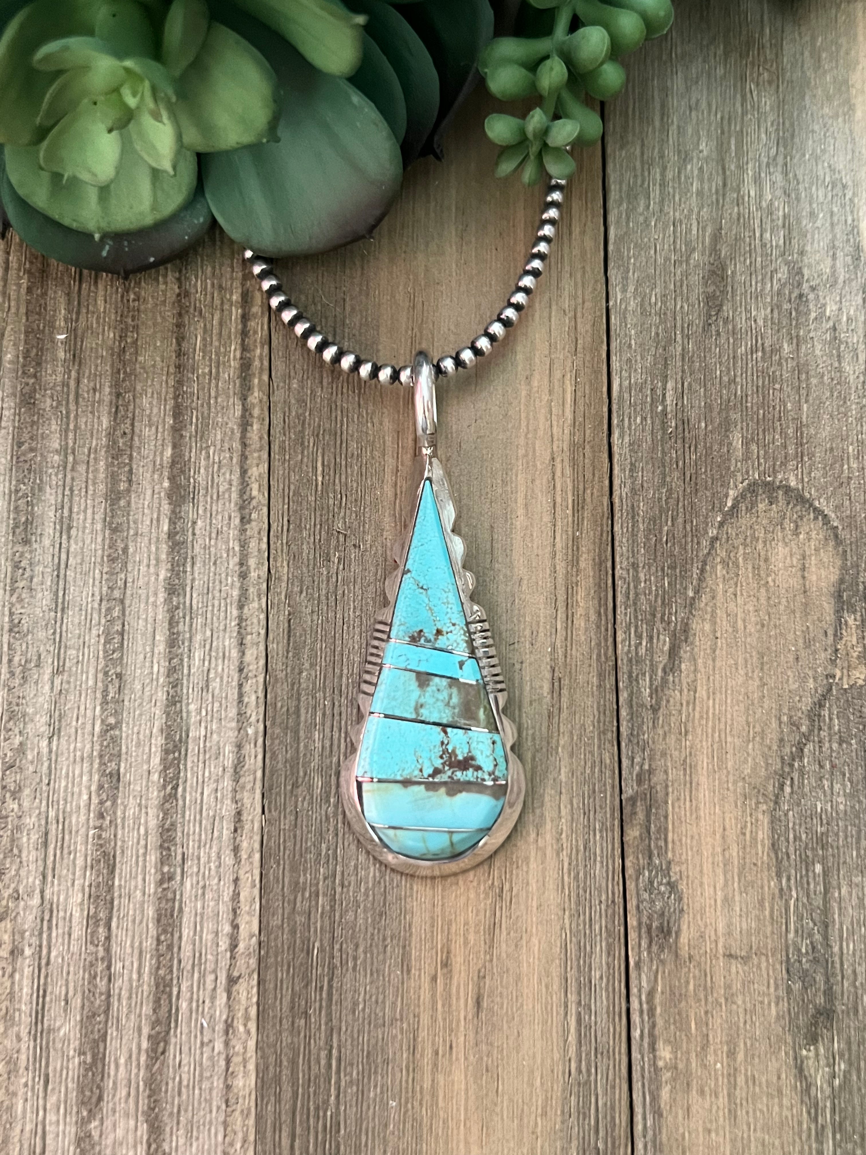 Navajo Made #8 Turquoise & Sterling Silver Inlay Pendant