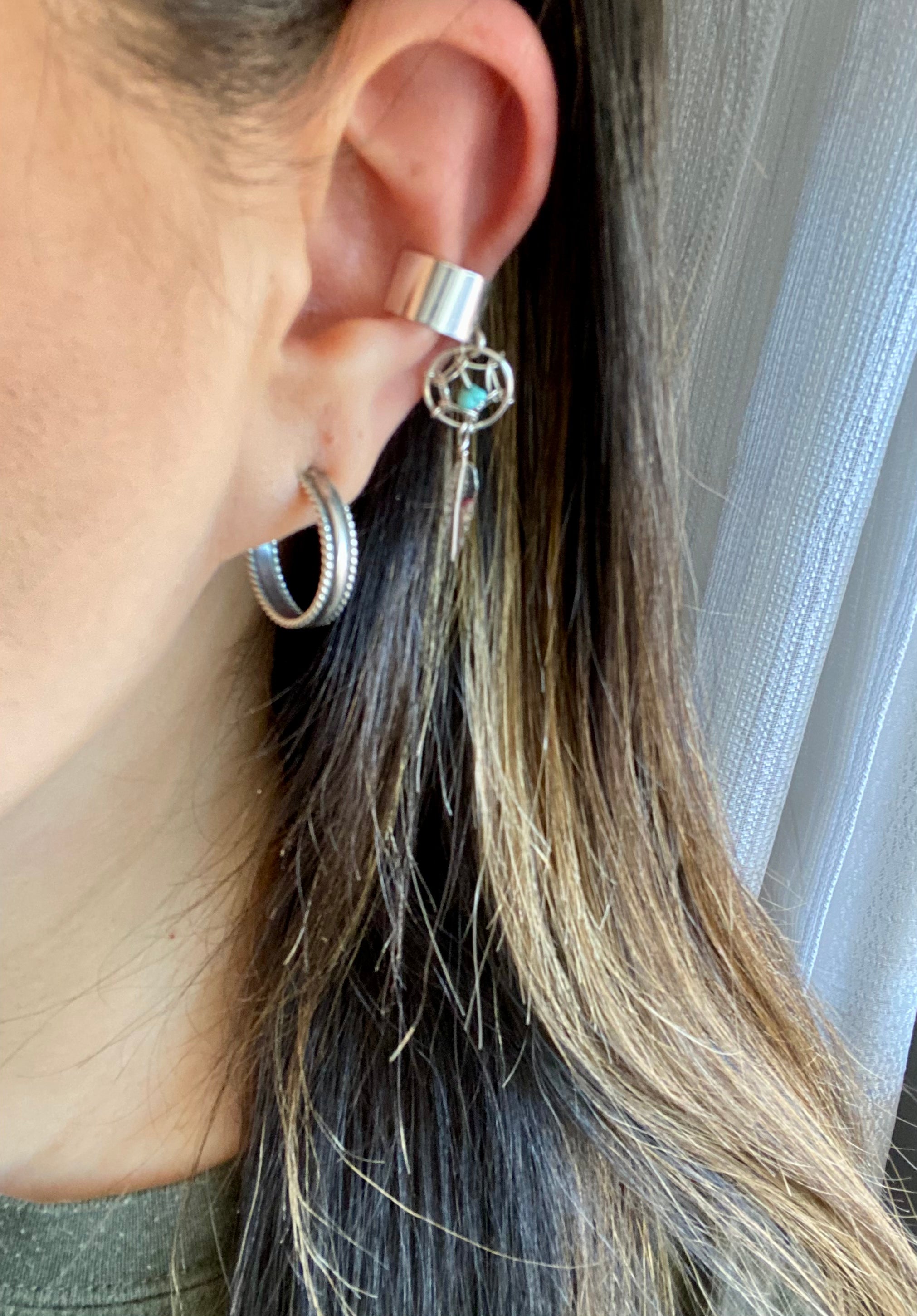 Navajo Made Turquoise & Sterling Silver Dreamcatcher Ear Cuff Earrings