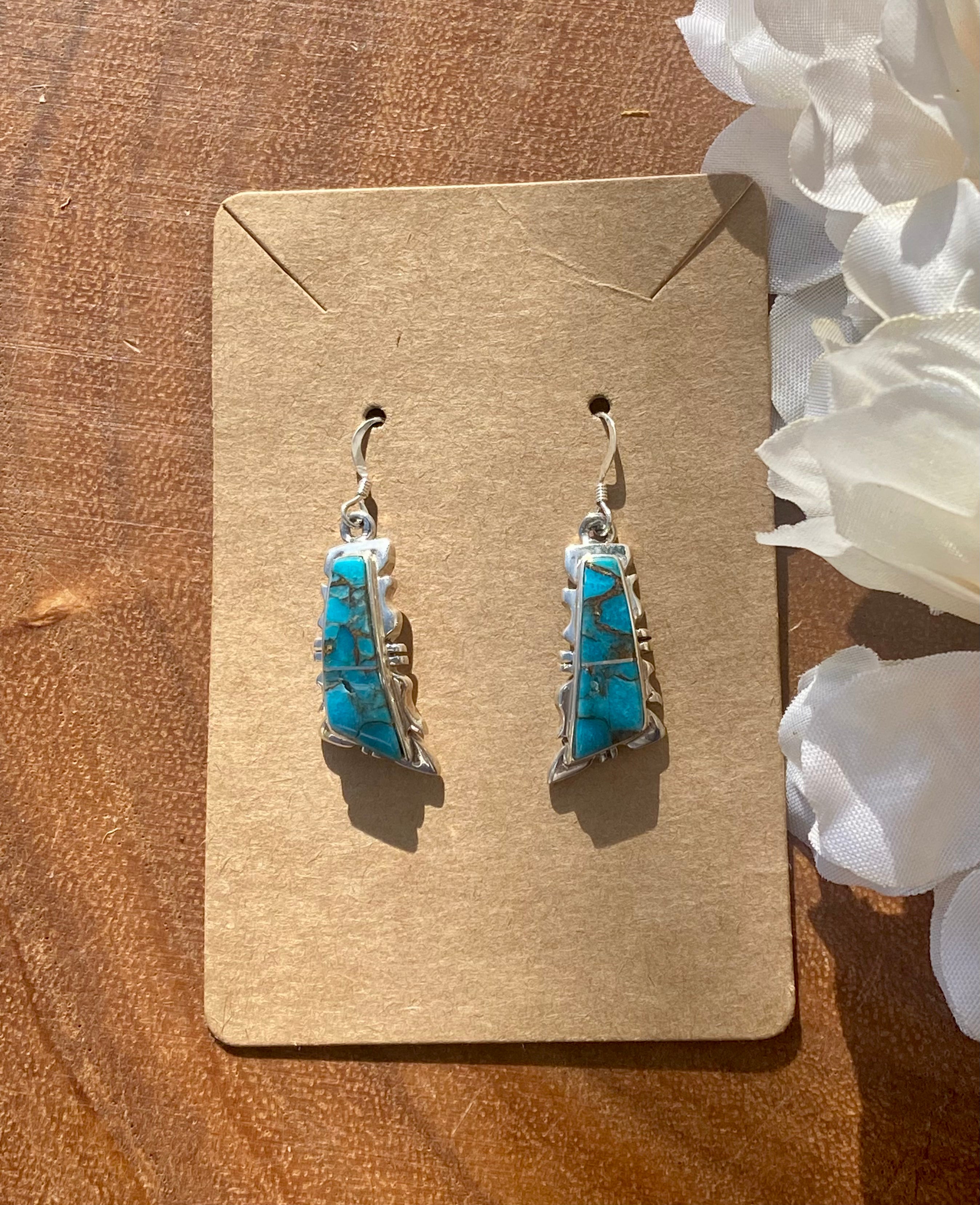 Navajo Made Mohave Turquoise & Sterling Silver Inlay Dangle Earrings