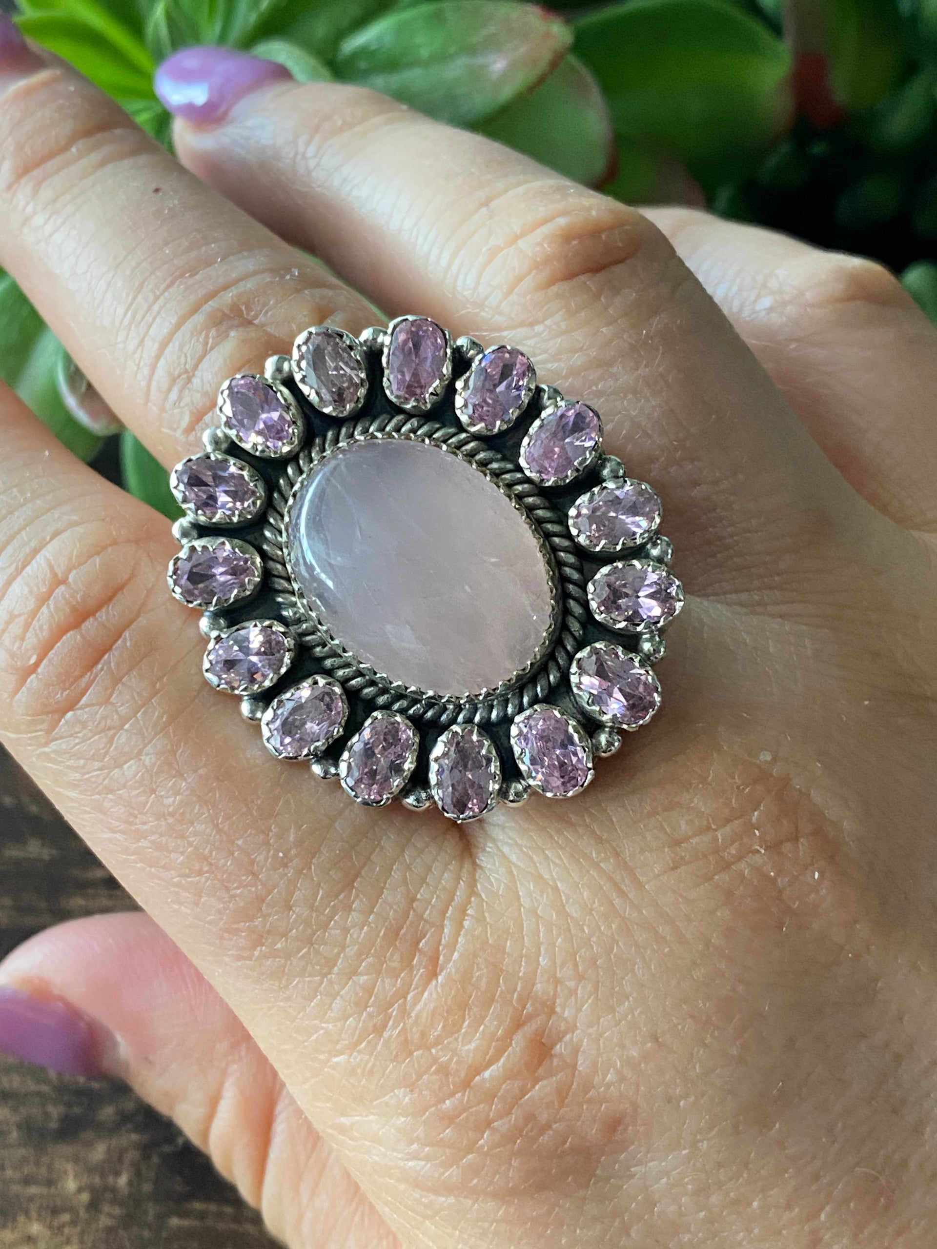 Southwest Handmade Rose Quartz & Tourmaline Sterling Silver Cluster Adjustable Ring Size 9